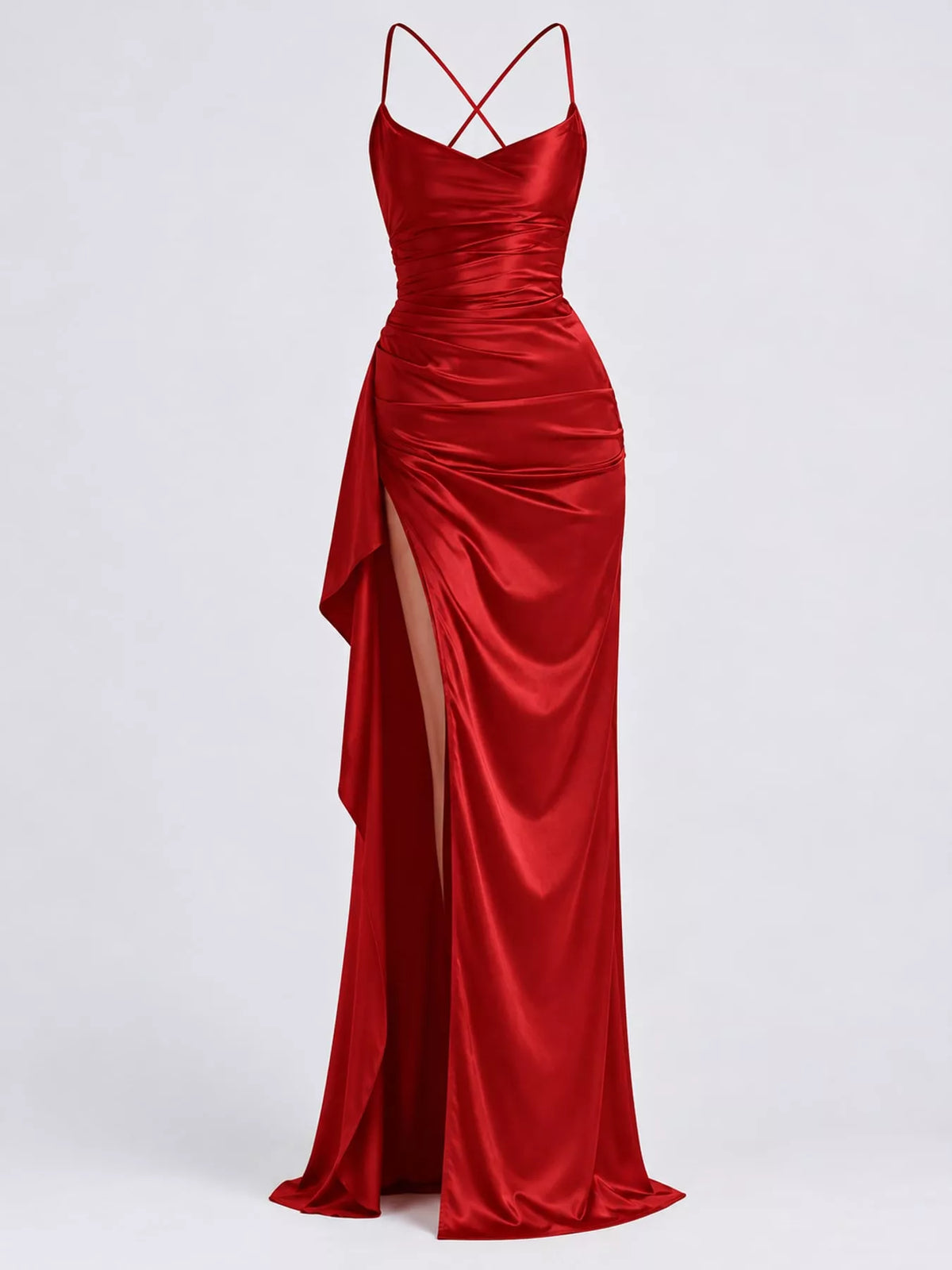 Red satin ruched maxi dress with crisscross straps and high side slit