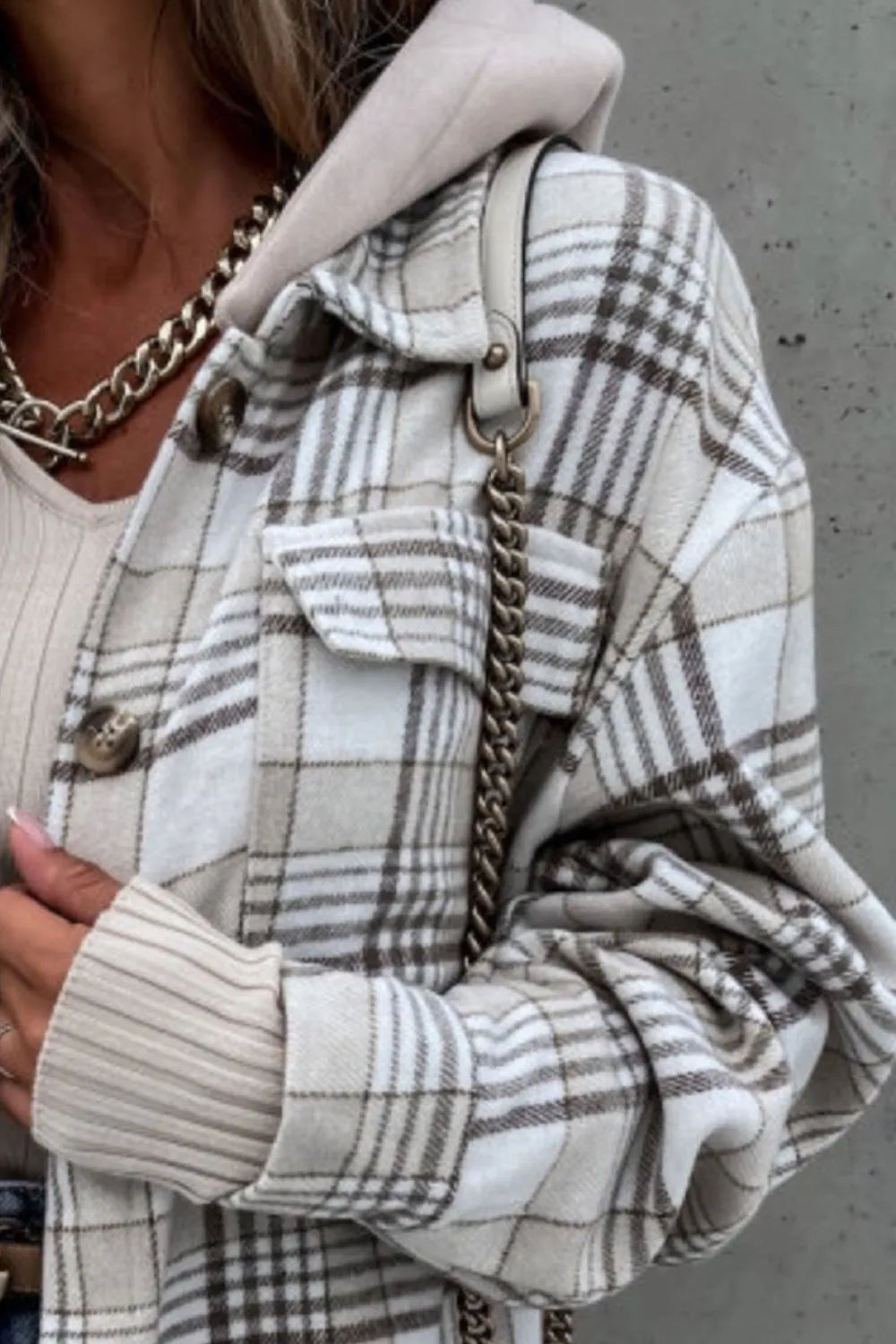 Light gray plaid jacket with removable hood, button front and flap pockets, long sleeves