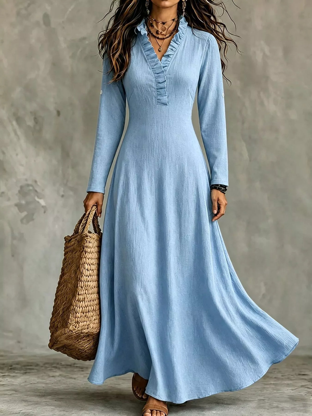 Light blue ruffled V-neck maxi dress with roll-up sleeves and gathered waist