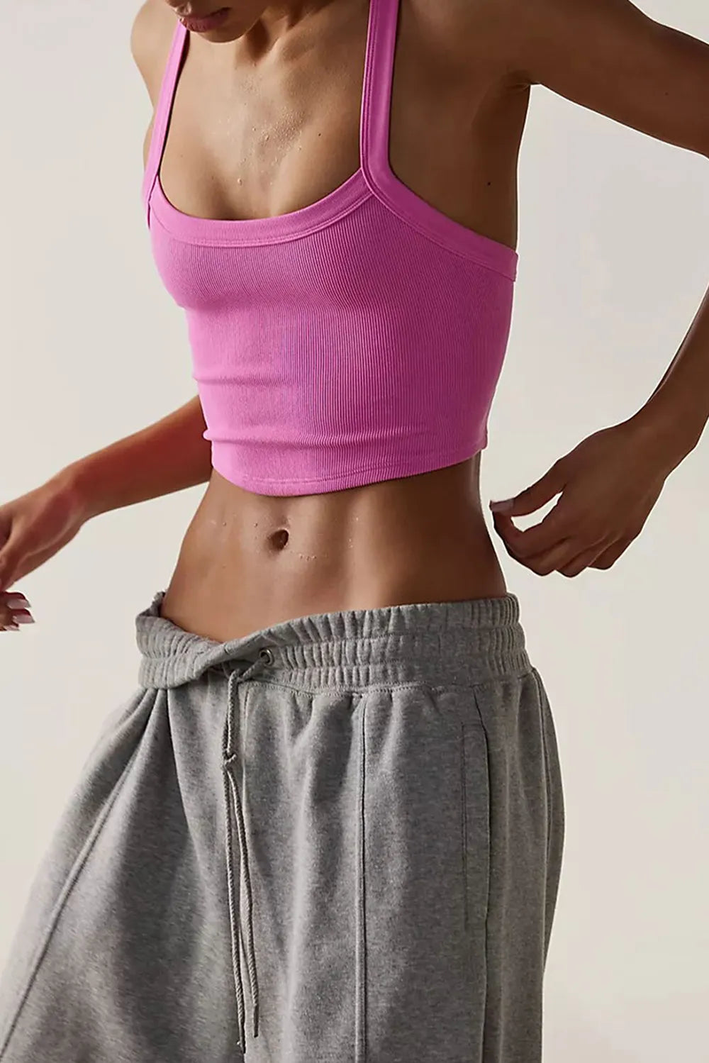 Scoop-neck active tank, bright pink front view with wide shoulder straps