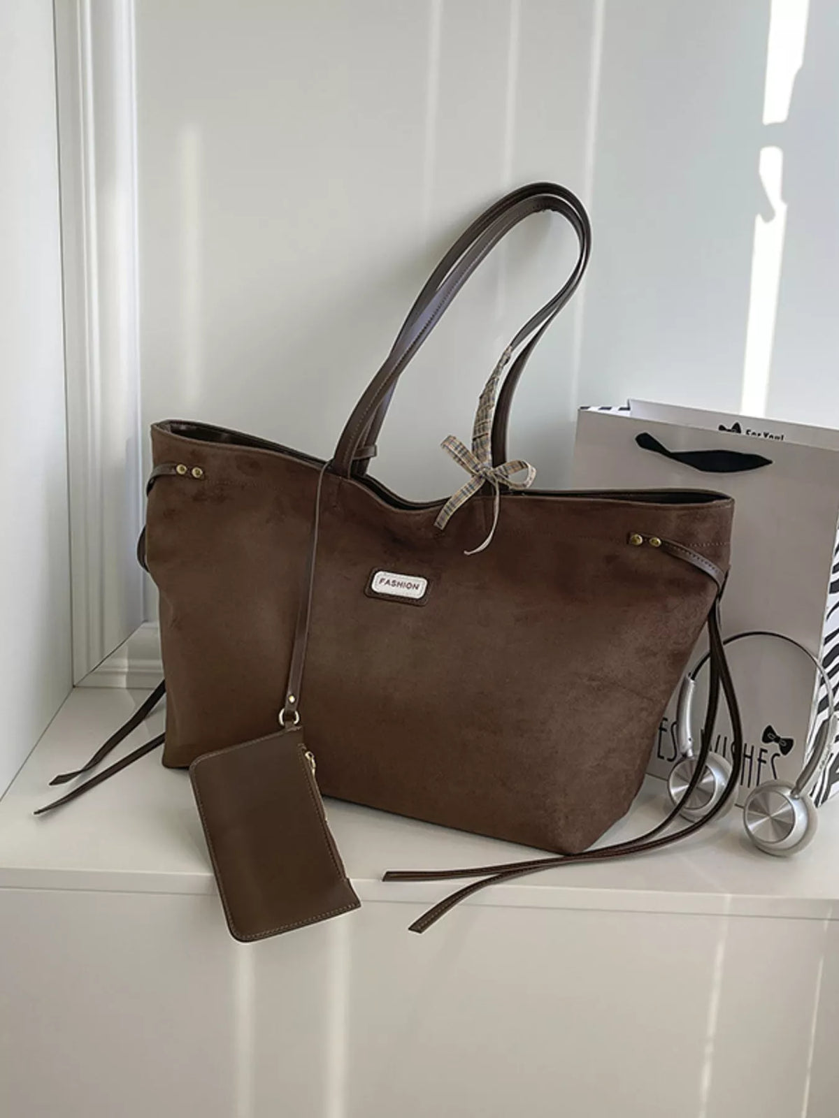 Chocolate suede large tote bag with top handles and matching zip pouch