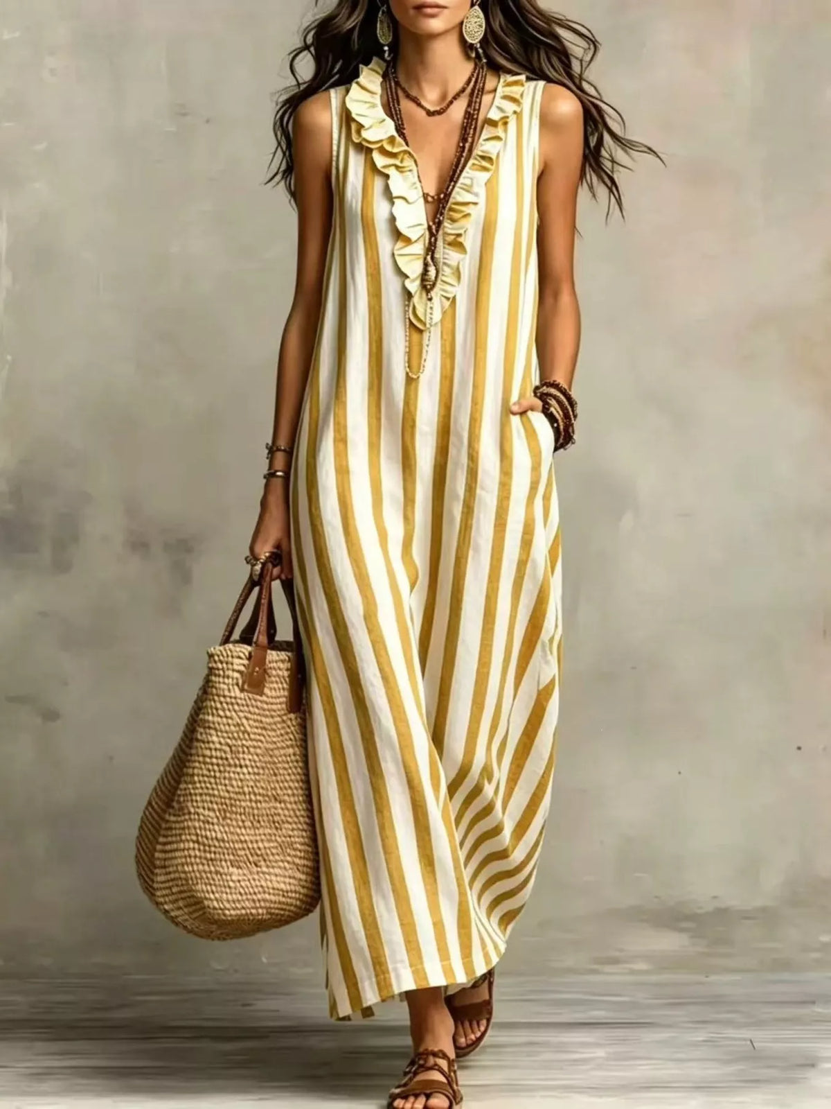 Yellow striped V-neck sleeveless maxi dress with layered ruffle neckline