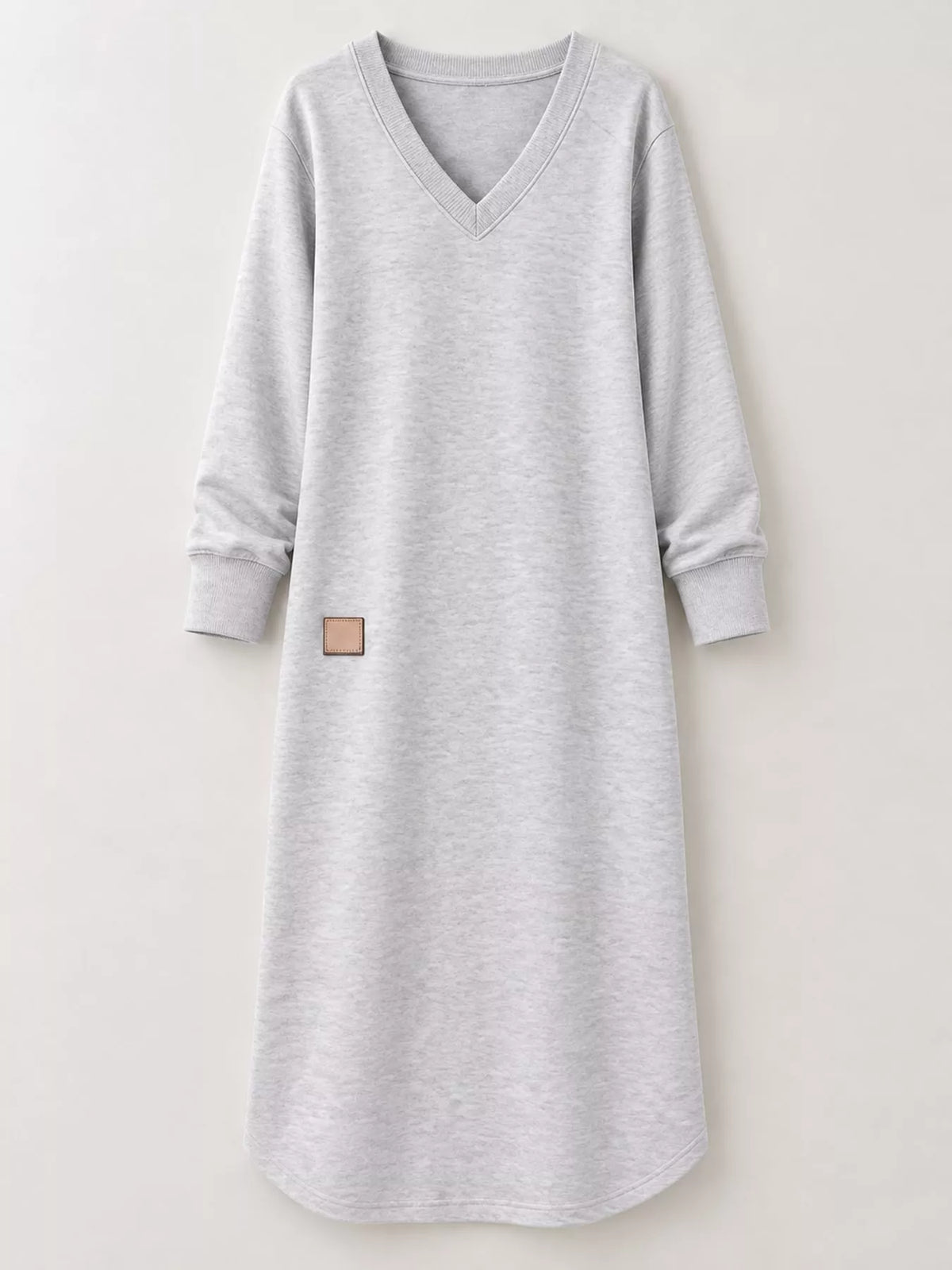 Light gray V-neck long-sleeve midi dress on hanger with square chest patch
