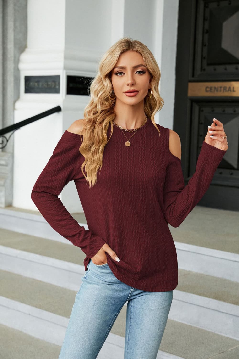 Wine cold-shoulder long sleeve blouse with dropped shoulders and textured knit look