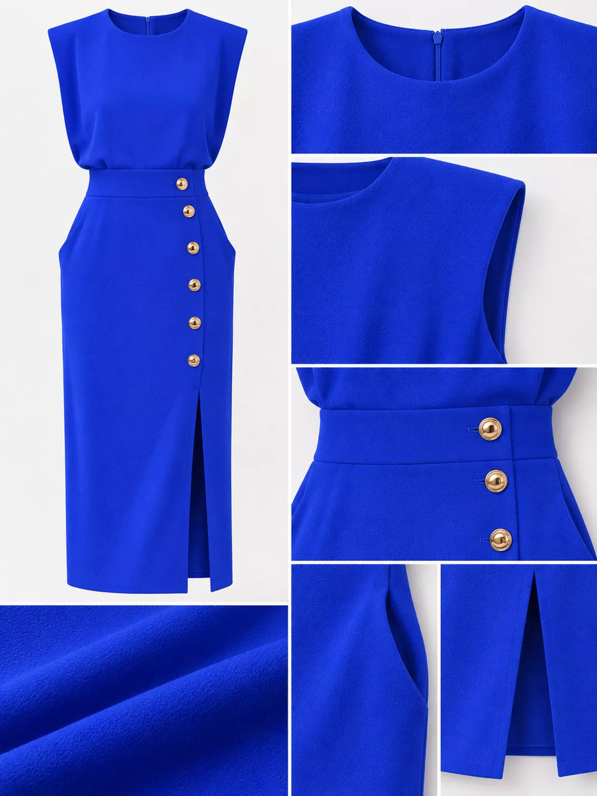 Blue sleeveless midi dress detail collage: gold buttons, waist seam, side slit