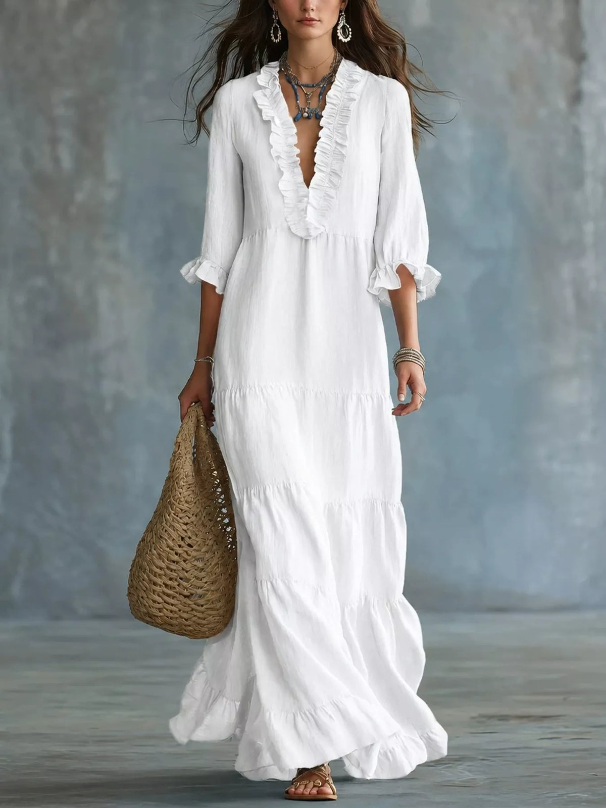 White ruffled V-neck tiered maxi dress with three-quarter sleeves