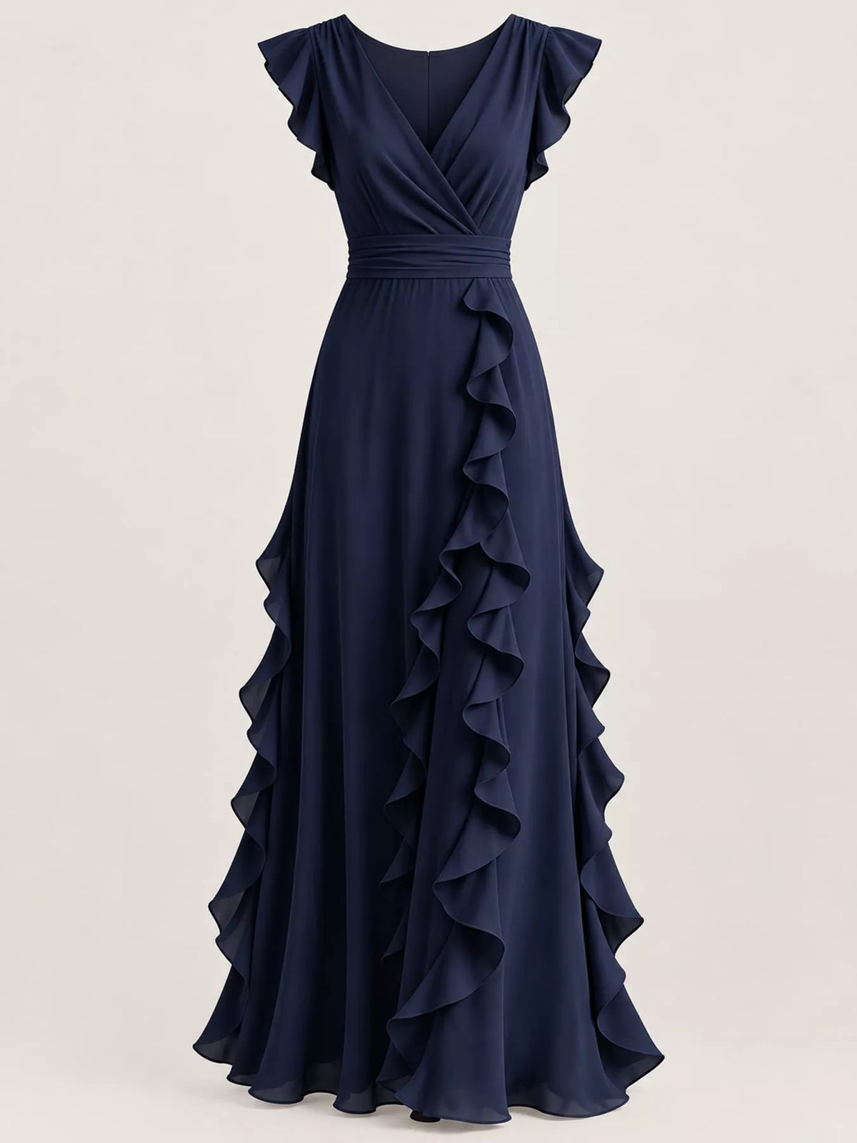 Navy sleeveless maxi dress front view with V-neck wrap and cascading ruffle trim