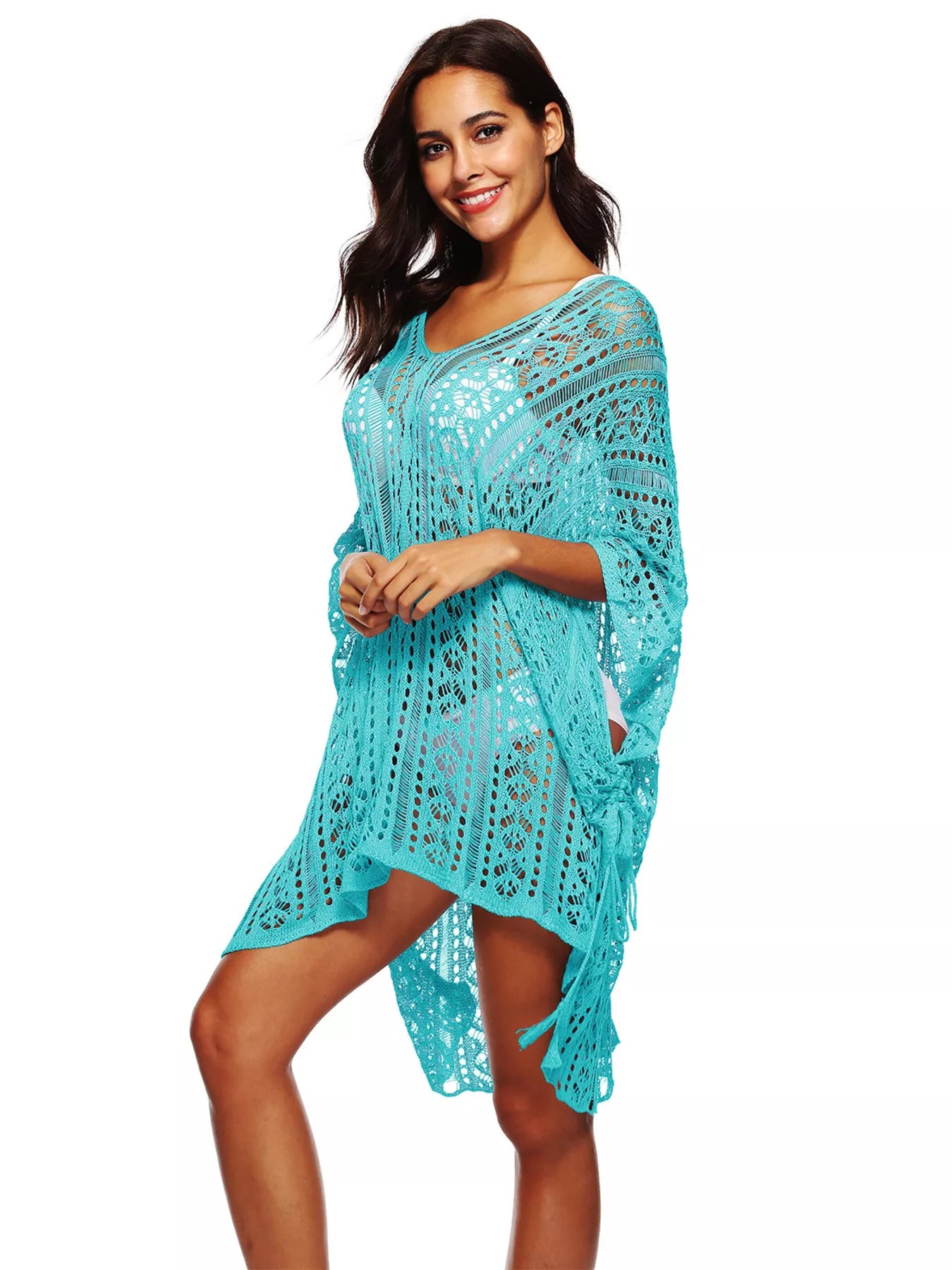 Aqua crochet v-neck cover-up with loose sleeves and openwork knit hem