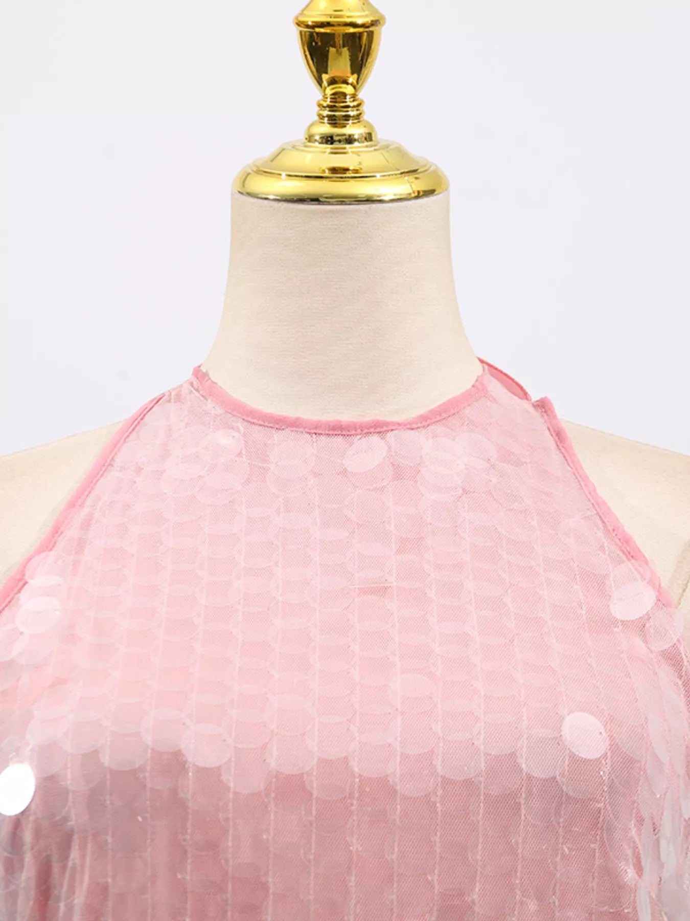Cedar & Moore Sequin halter neck pink mini dress on dress form