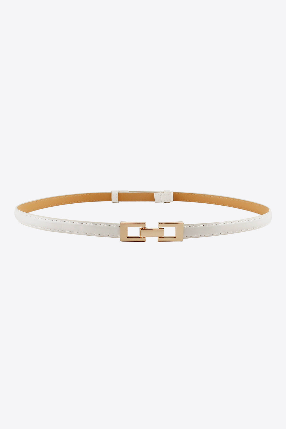 Tan and light-beige slim belt with gold-tone square buckle