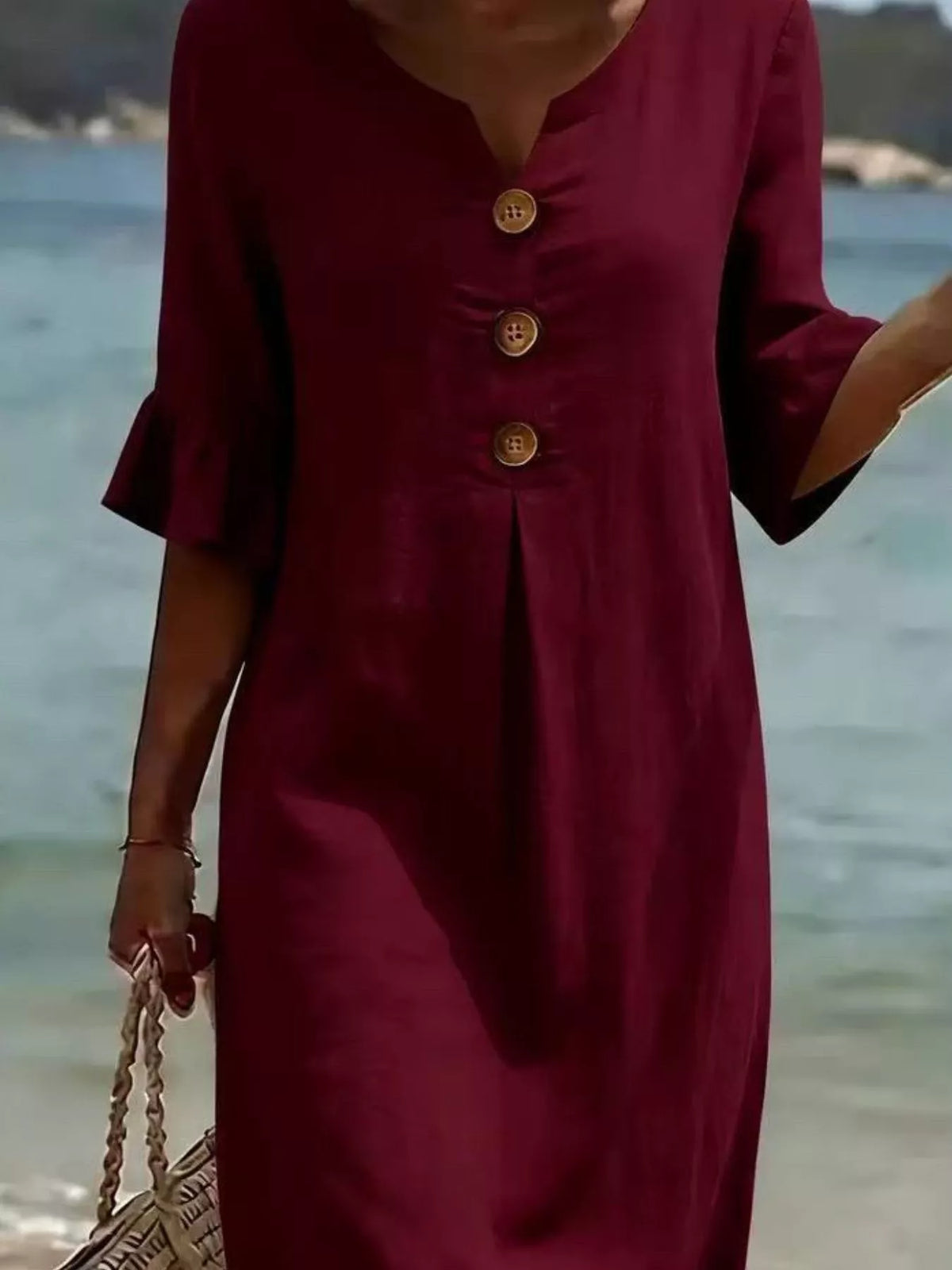 Burgundy button-front midi dress with short ruffled sleeves and three-button placket