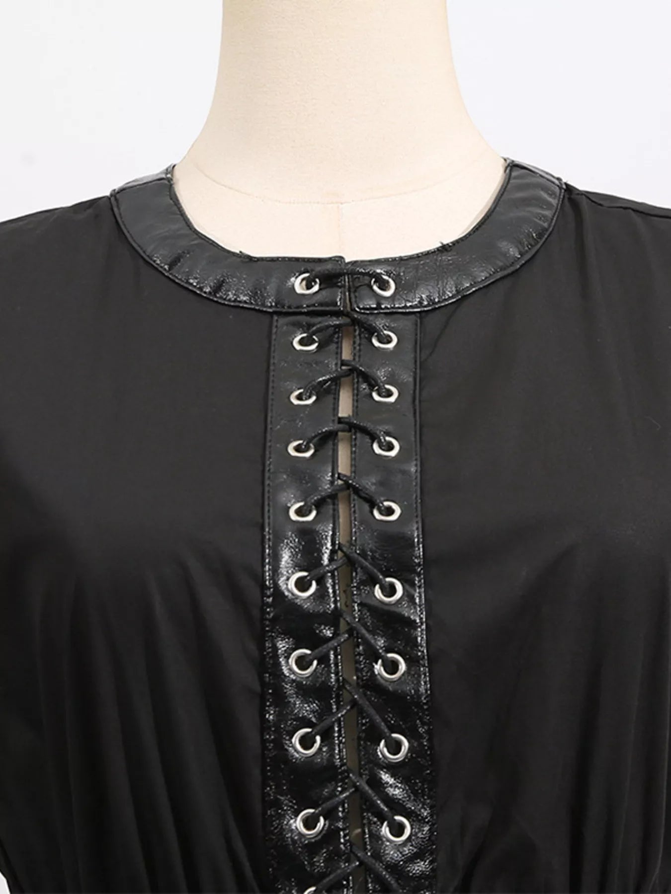 Cedar & Moore Lace-Up Corset Sleeveless Black Dress by Trendsi with patent trim and metal eyelets