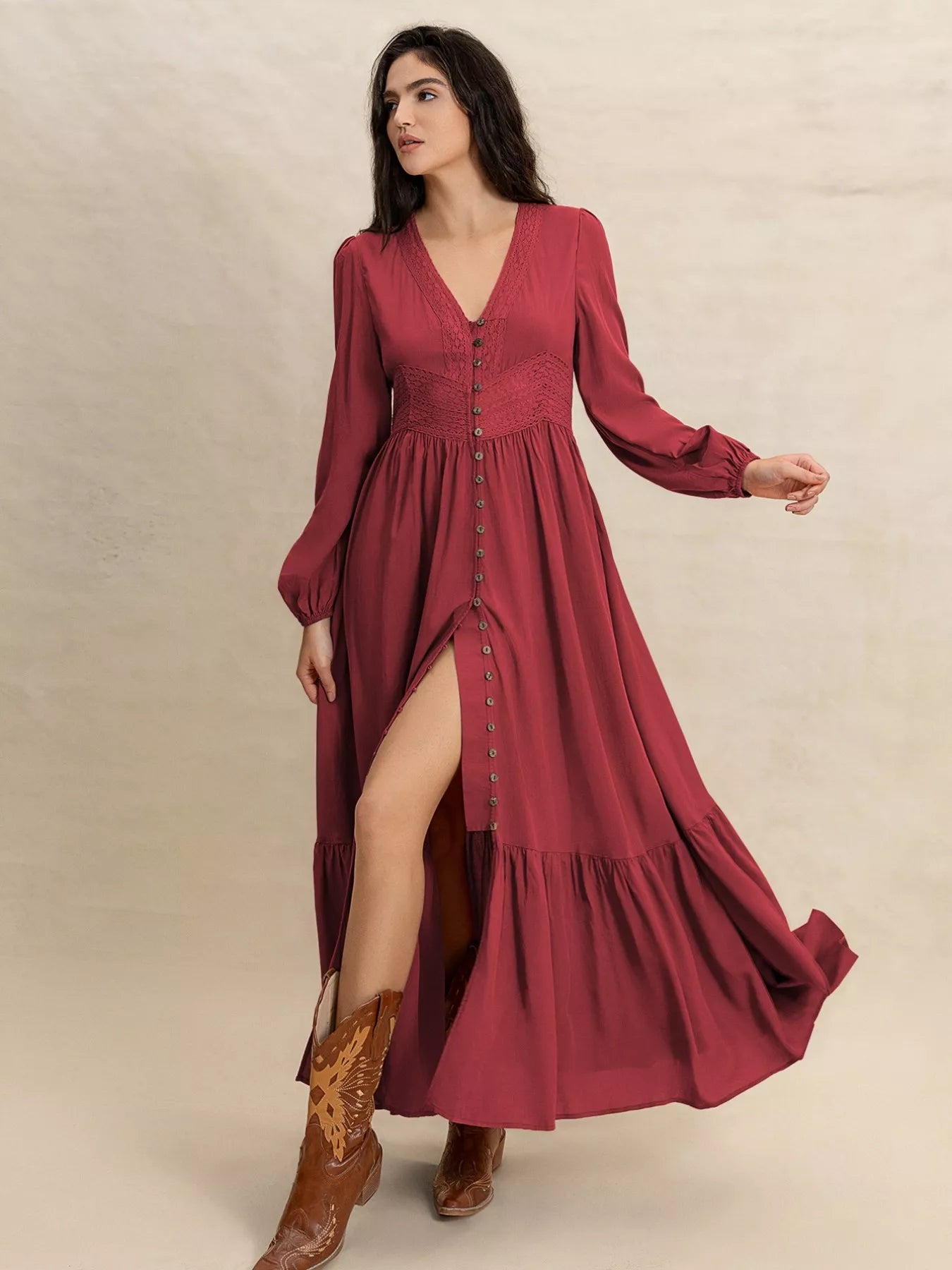 Burgundy V-neck maxi dress with button-front, long balloon sleeves, and side slit