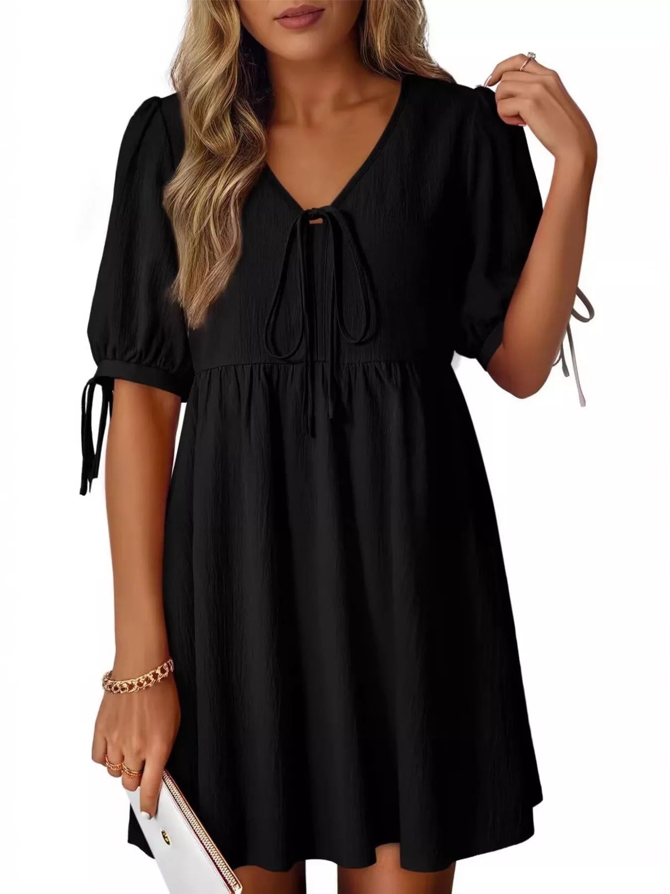Tie-Neck Puff Sleeve A-Line Mini Dress, black color