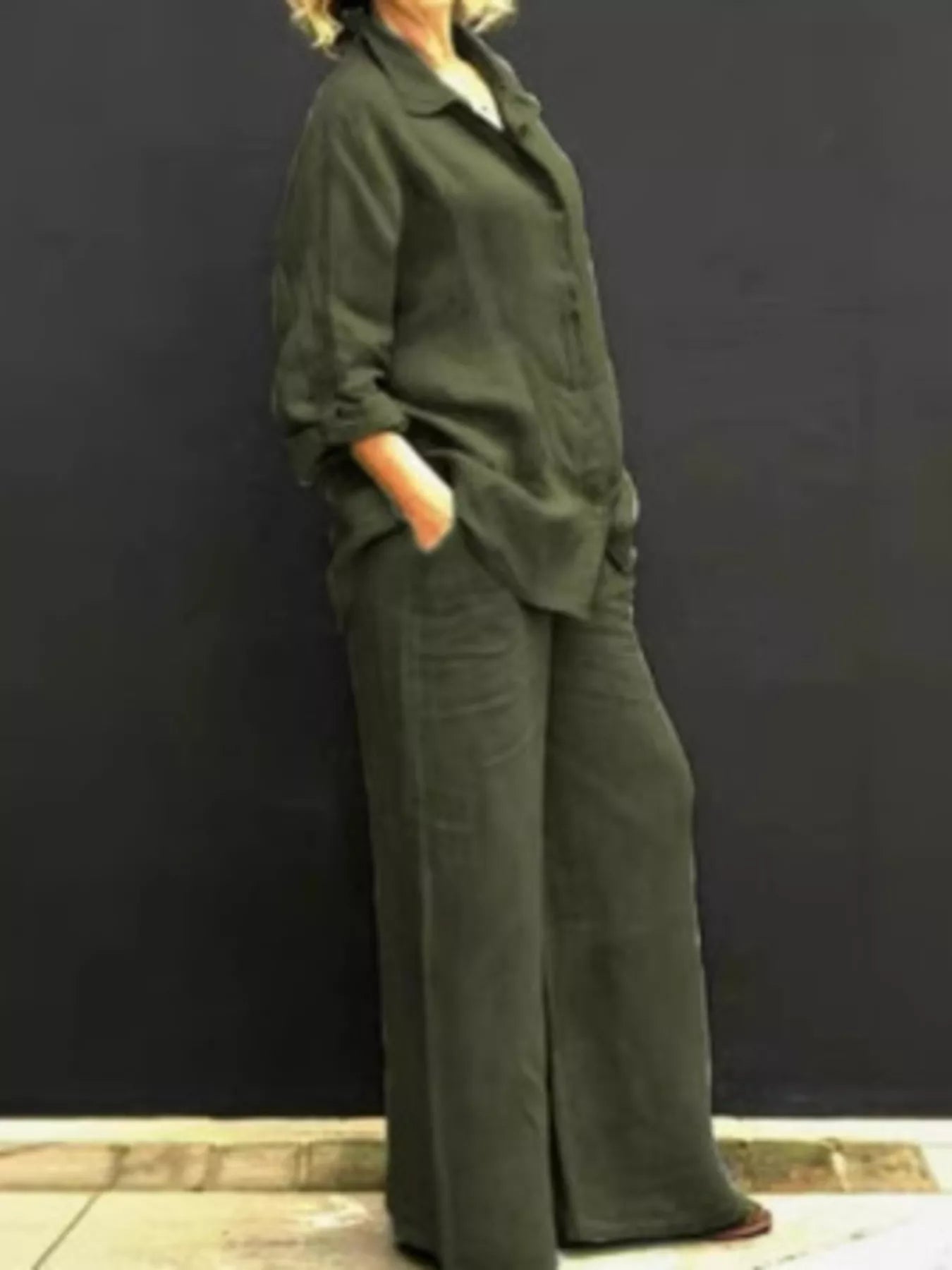 Army green long-sleeve shirt and wide-leg pants set with button placket