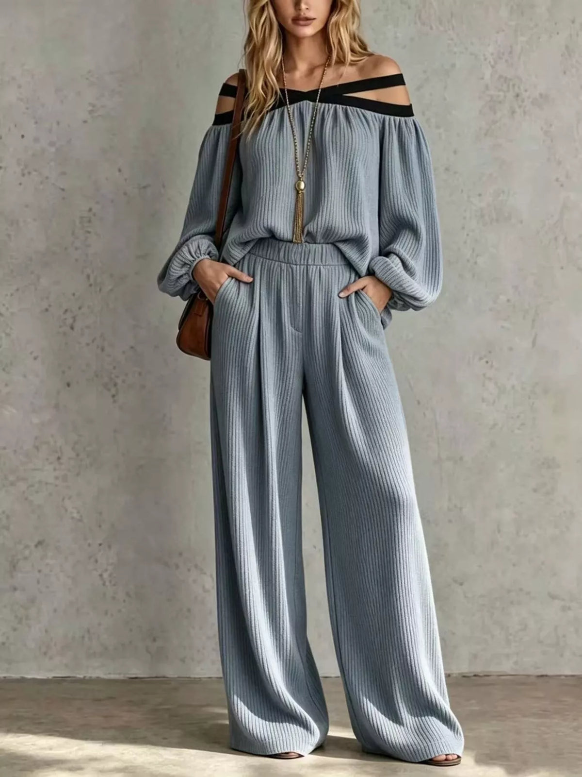 Dusty blue off-shoulder ribbed knit set with long sleeves and wide-leg pants