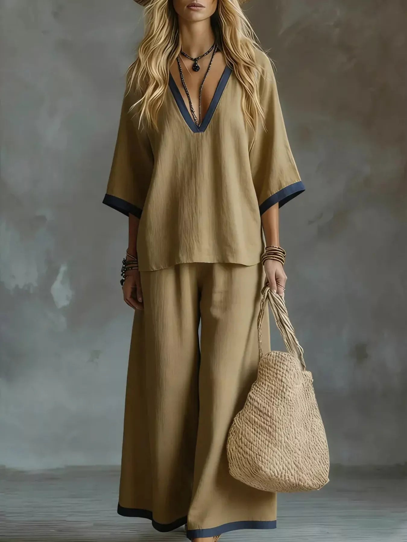 Camel V-neck top and wide-leg pants set with navy contrast trim, elbow sleeves.
