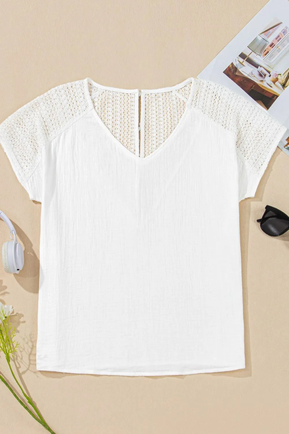 Cedar & Moore Lace Crochet Textured Button Back V-Neck T Shirt, white openwork short sleeves, Trendsi