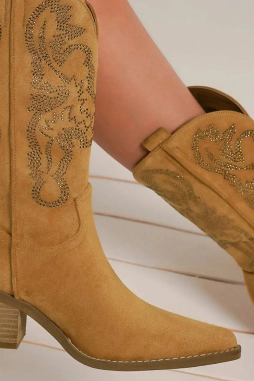 Camel point-toe western boots with rhinestone panel on shaft and block heel
