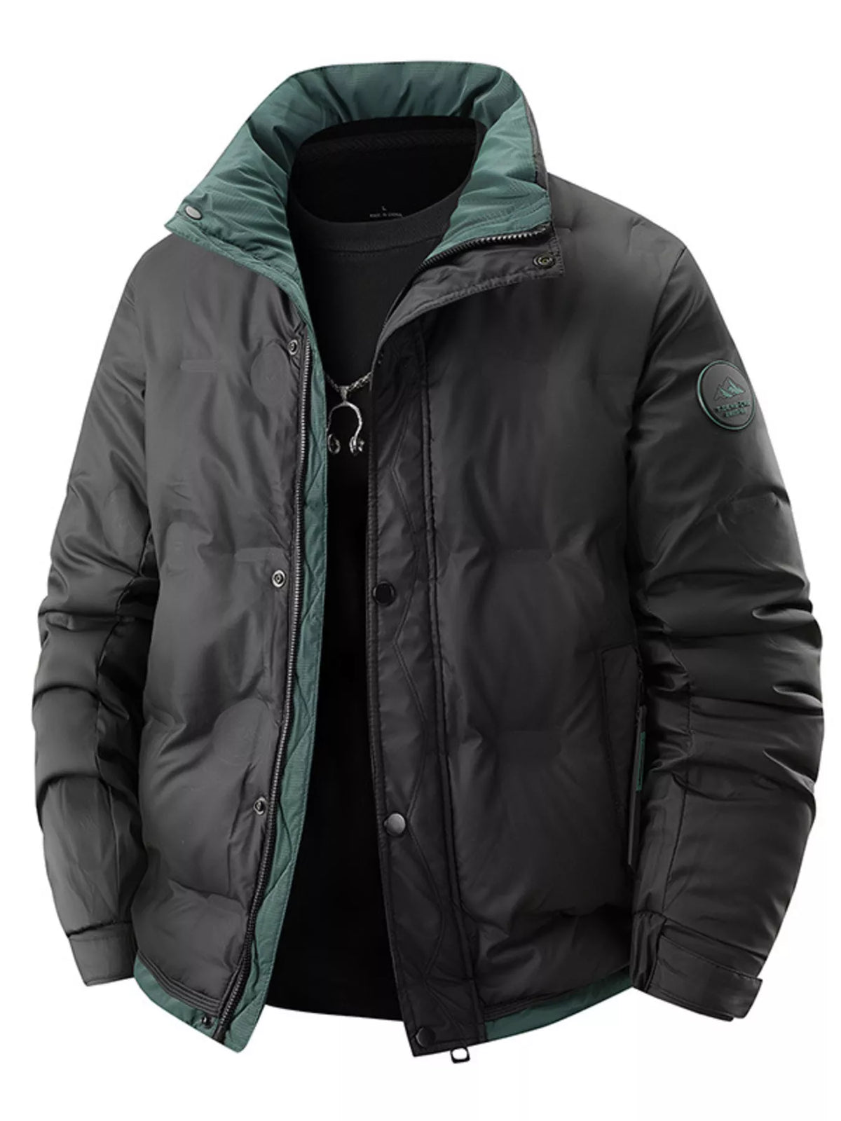 Men's padded lightweight insulated jacket, dark gray with teal inner lining and front zipper