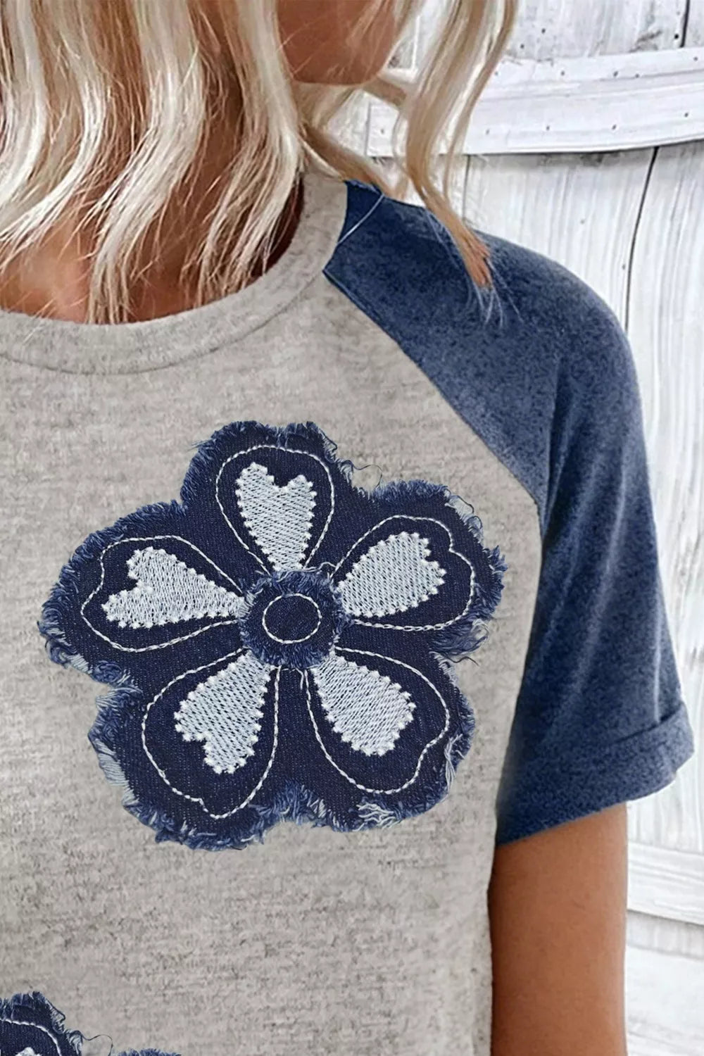 Cedar & Moore Floral Raglan Sleeve T‑Shirt with heather gray body, navy denim sleeves, large denim flower patch