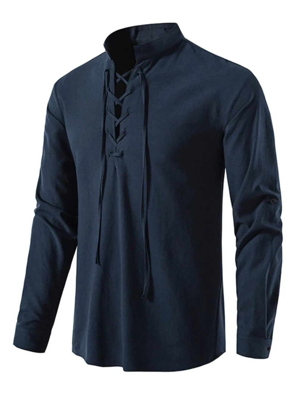 Men's lace-up long sleeve blouse in dark navy, stand collar with front eyelet lacing