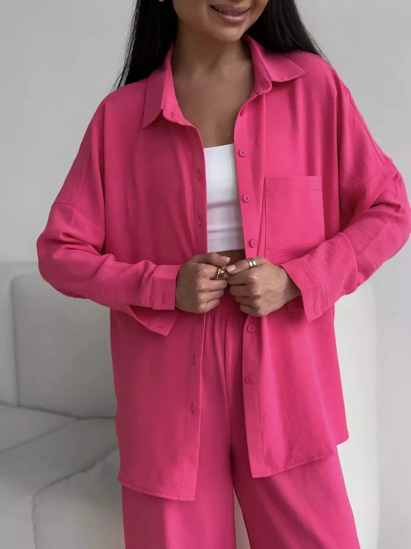 Hot pink relaxed-fit shirt and wide-leg pants set, button-up shirt with chest pocket