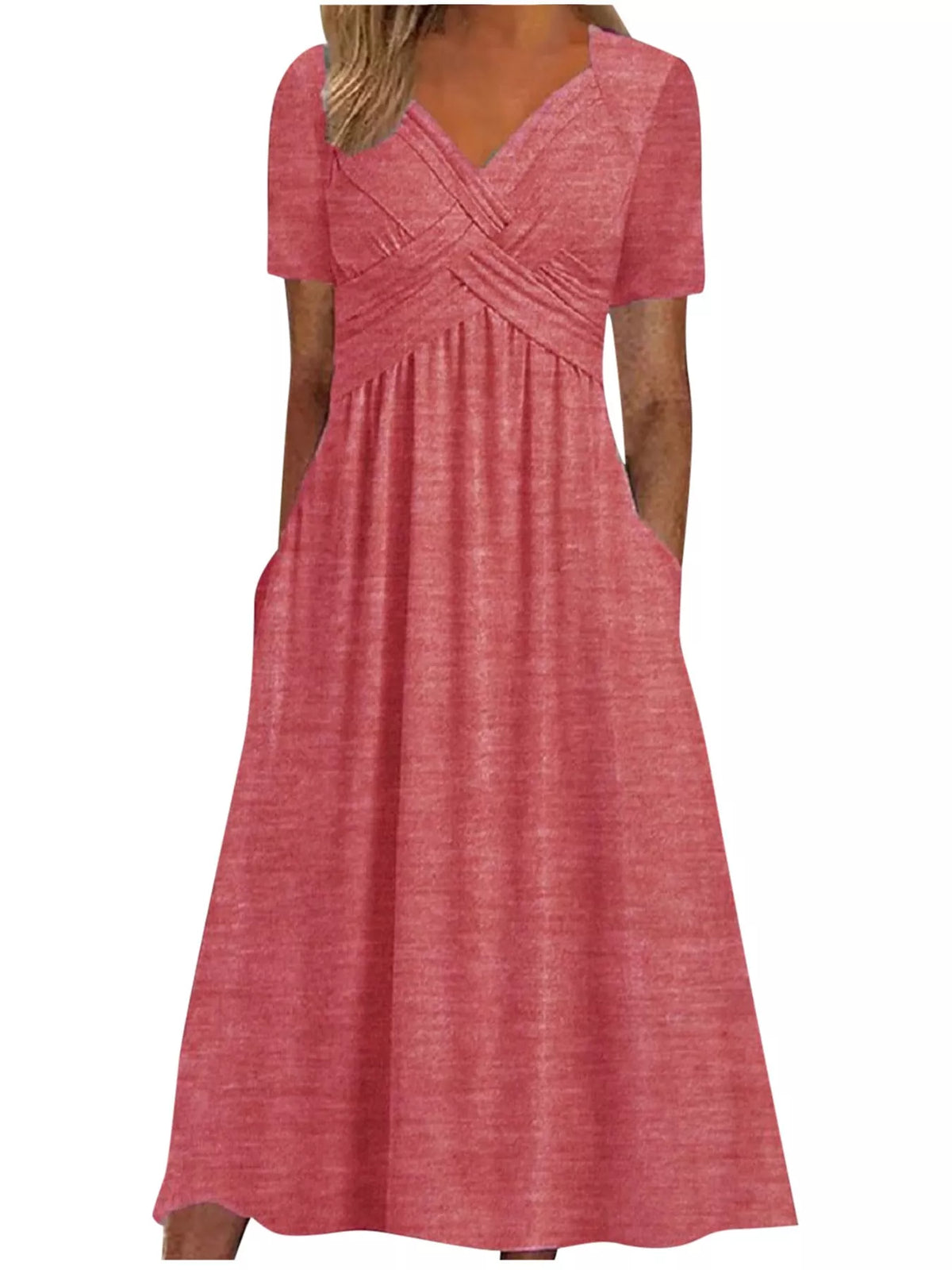 Watermelon red crisscross V-neck high-waist midi dress with short sleeves, draped skirt