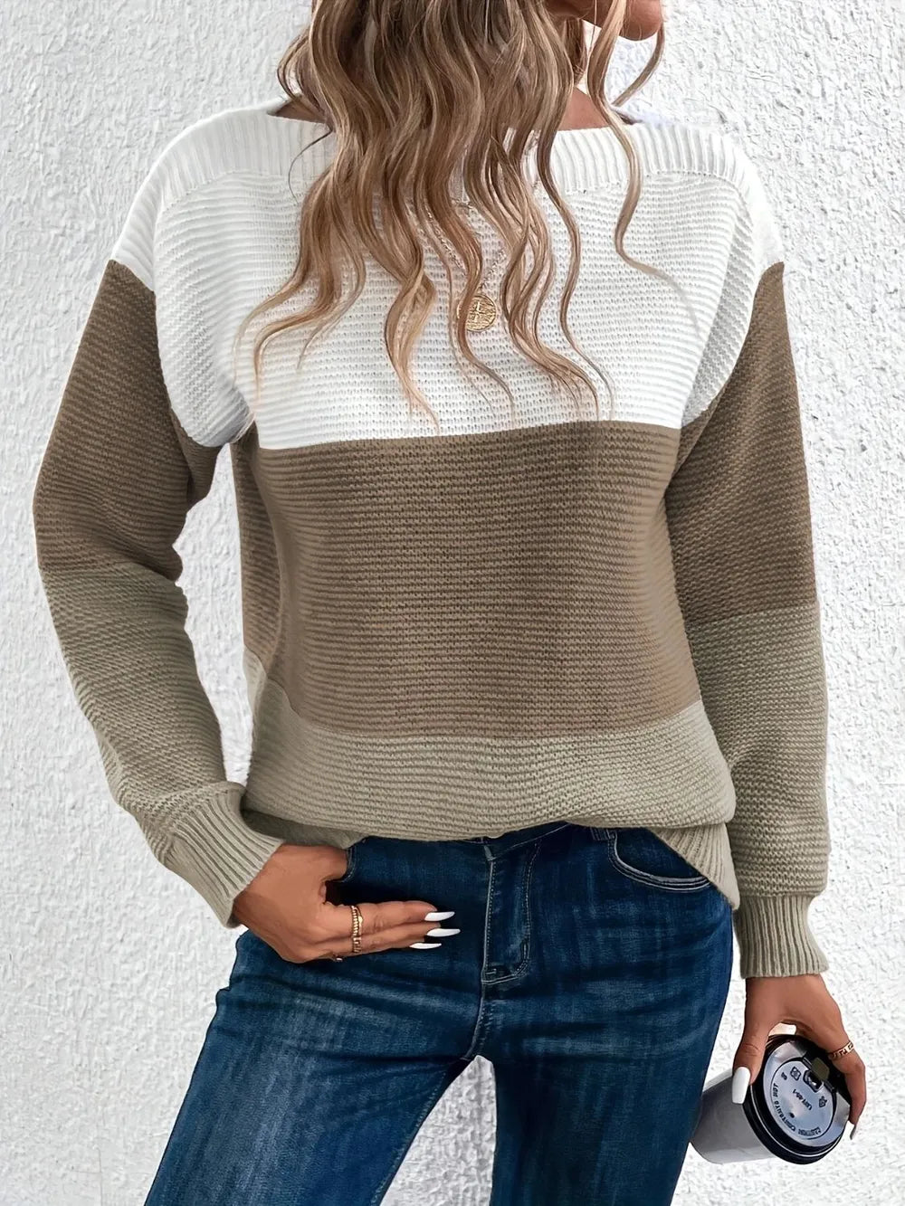 Color block knit sweater in white and taupe, boat neck, long sleeves.