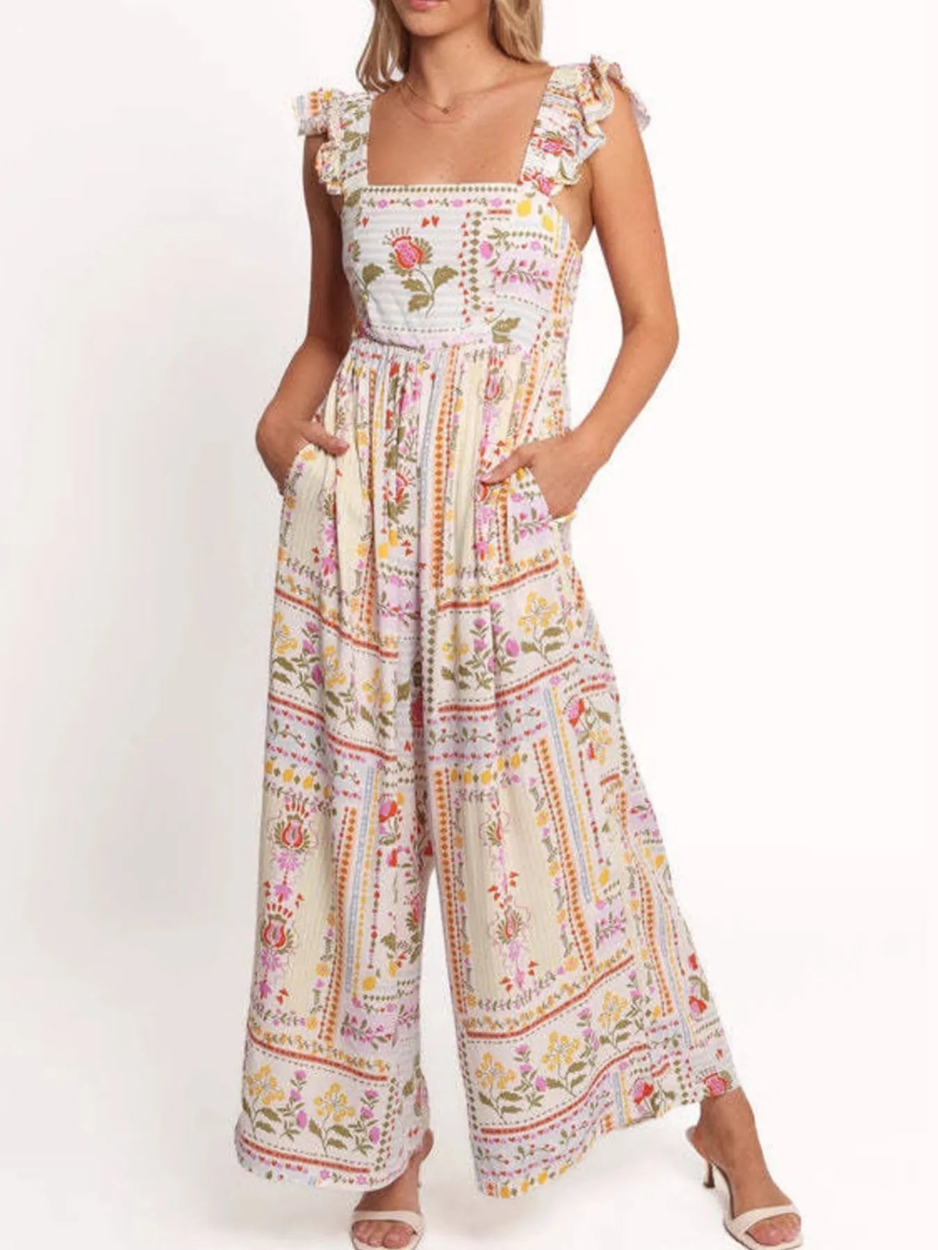 Floral print ruffle strap jumpsuit with elastic waist and wide pant legs