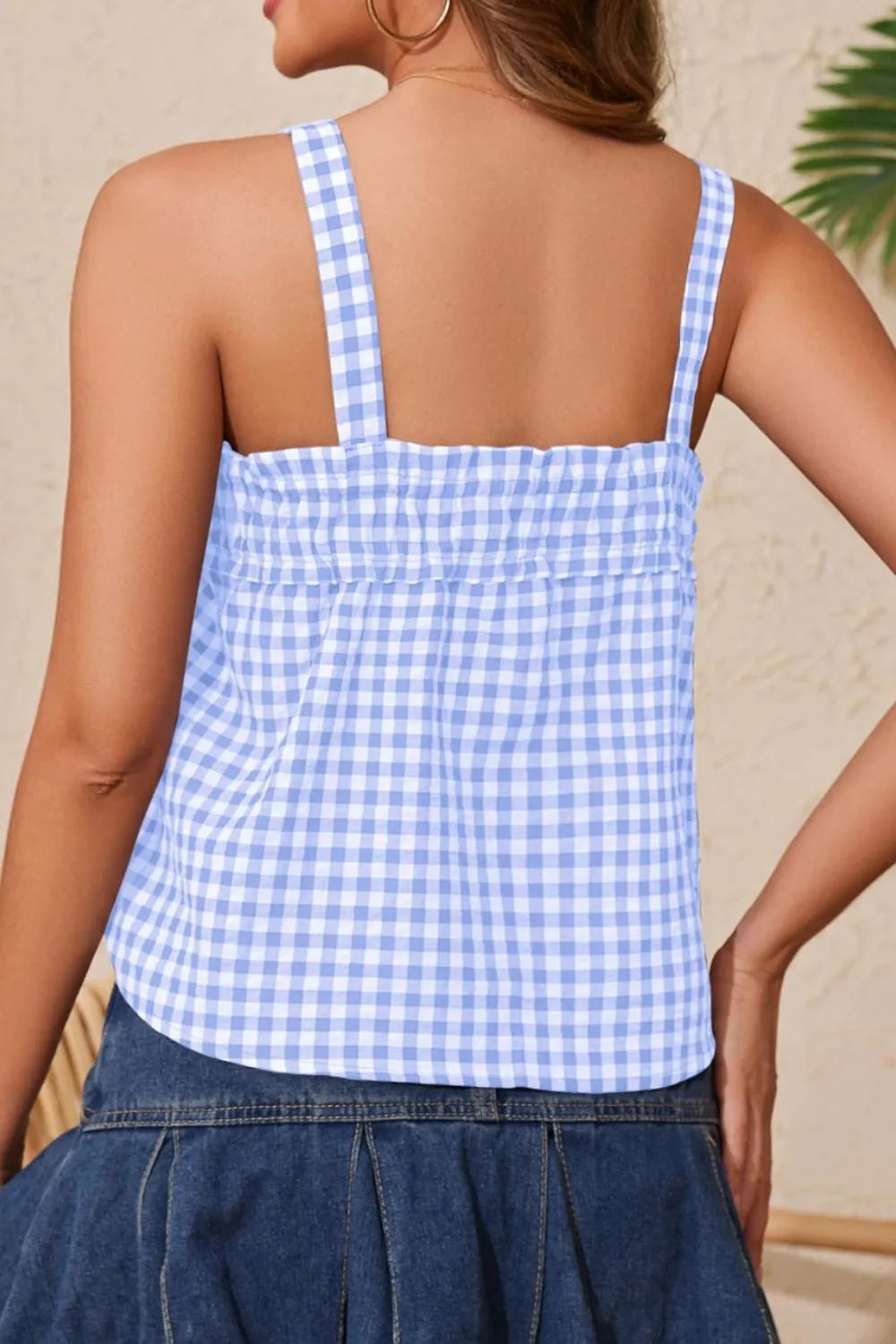 Blue gingham cami with square back straps and gathered neckline