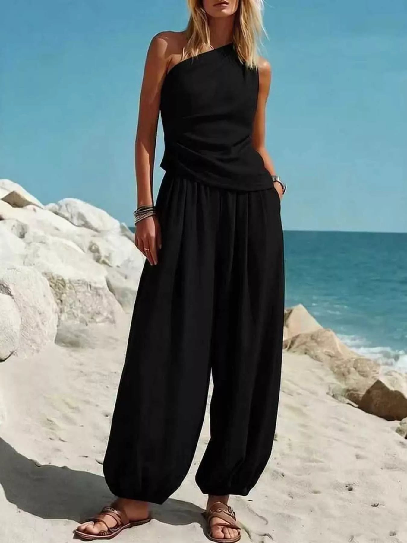 Black one-shoulder top and wide-leg pants set, ruched waist, gathered pleats