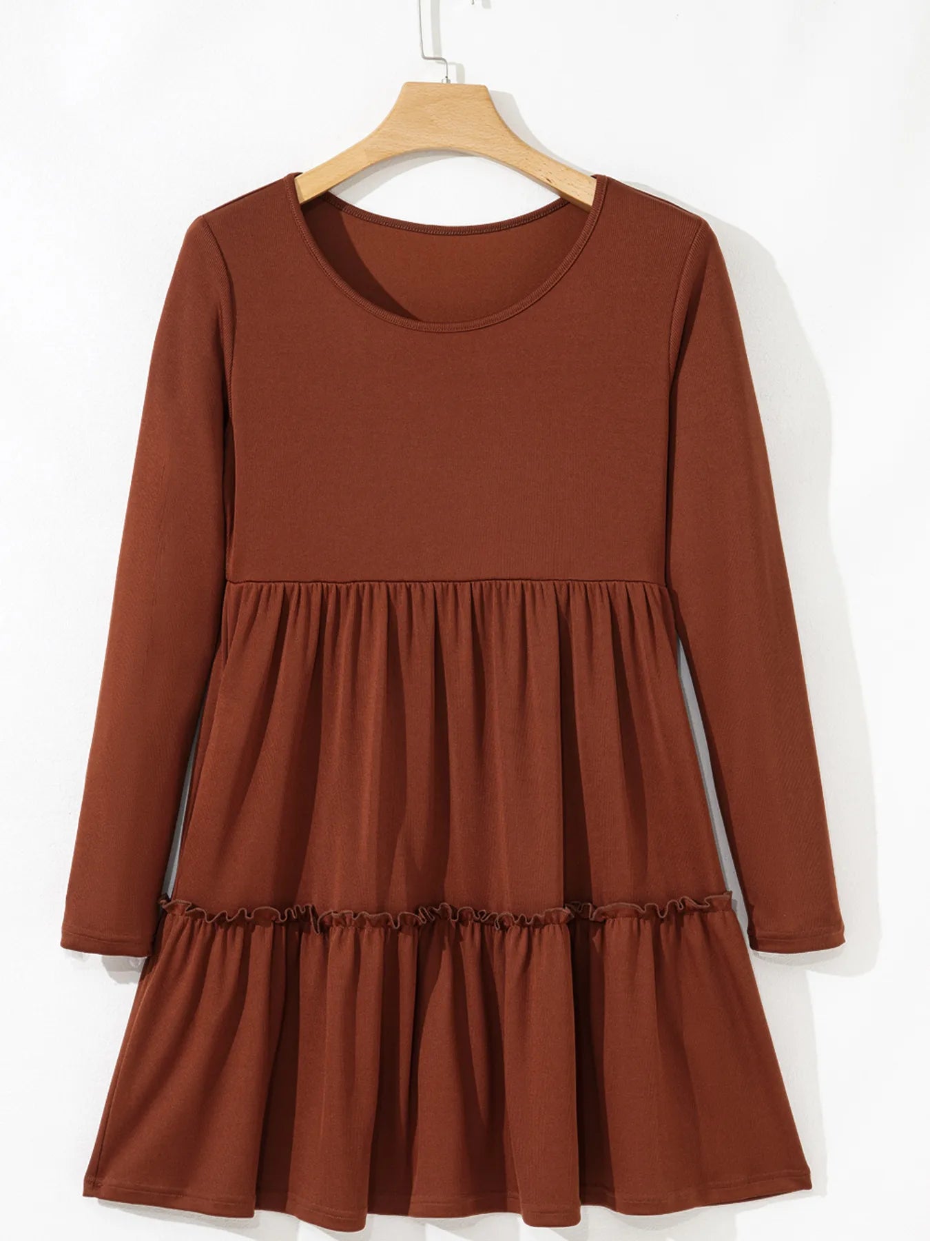 Frill Tiered Long Sleeve Mini Dress by Trendsi in rust on hanger