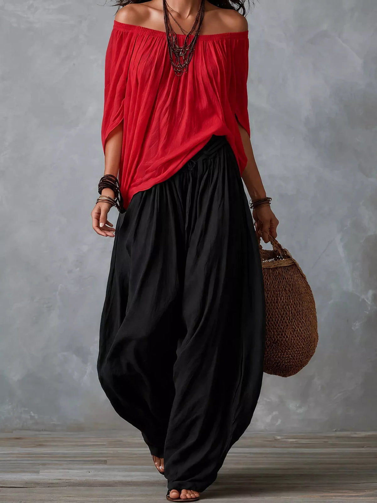 Off-shoulder harem pants set with red draped off-shoulder top and black harem pants