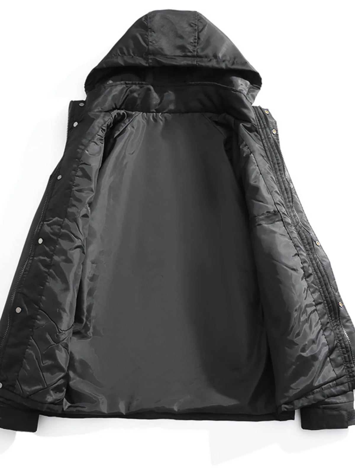 Men's black hooded waterproof tactical jacket, interior lining visible