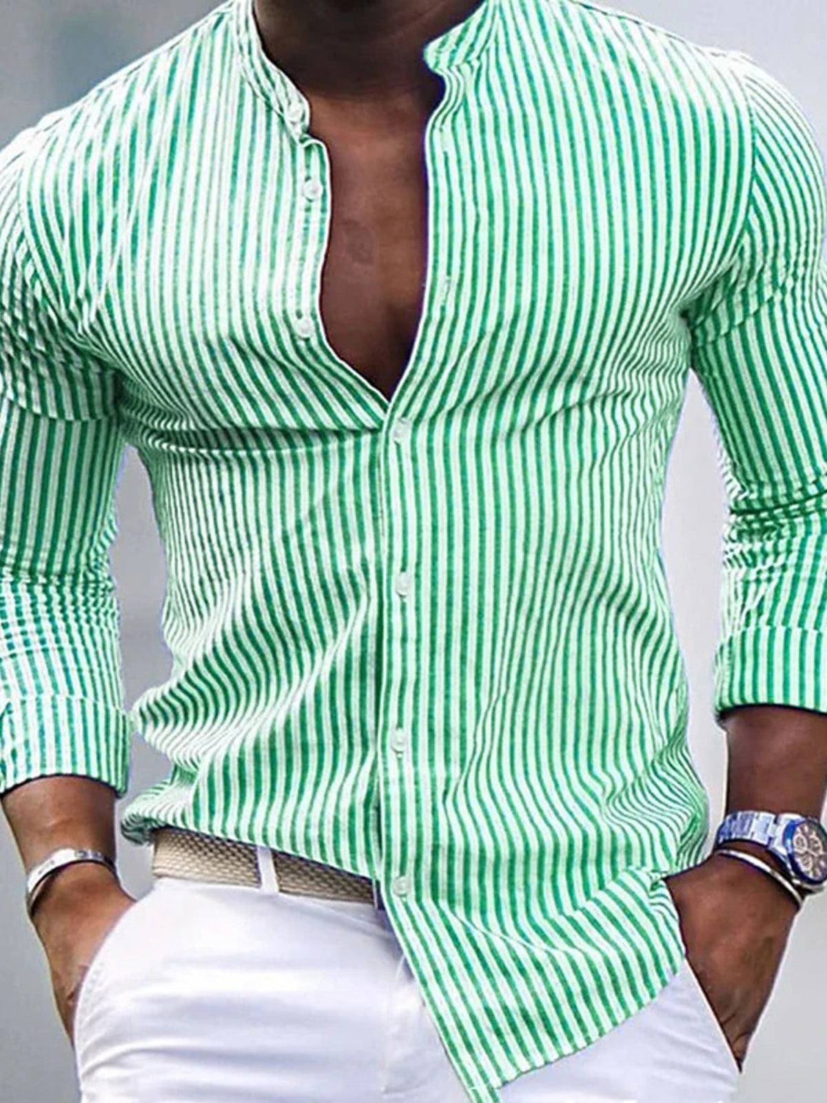 Men's striped slim-fit button-up cotton shirt, green-and-white vertical stripes