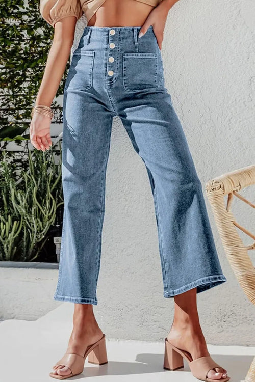 Light blue cropped wide-leg jeans with button fly and two front patch pockets