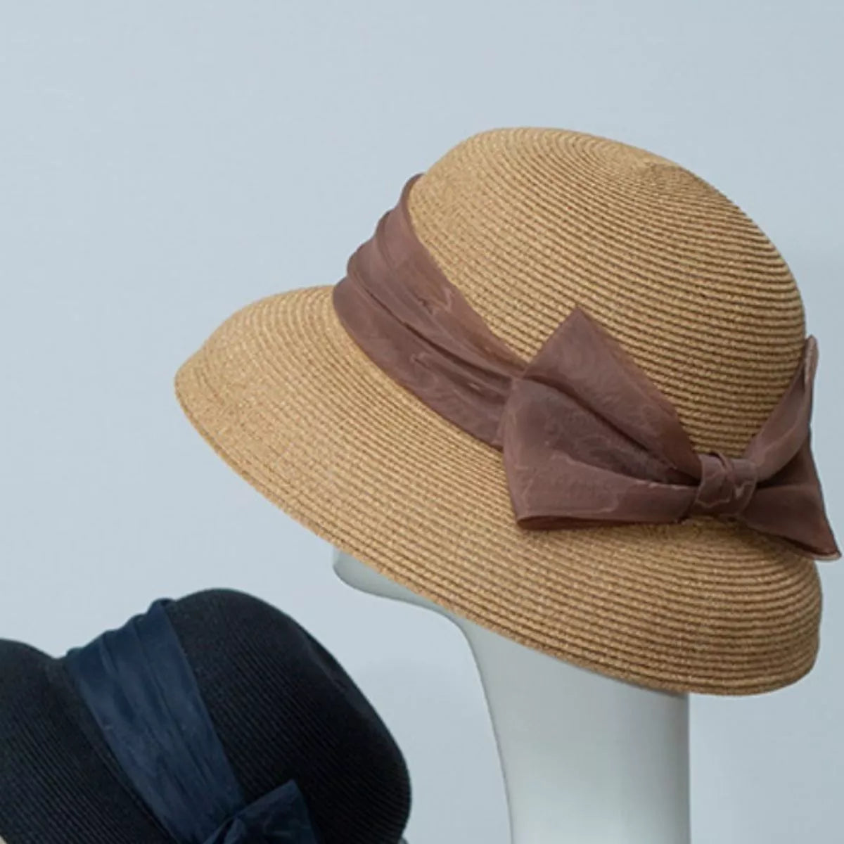 Cedar & Moore Ribbon Bow Straw Sun Hat, natural straw with brown ribbon, 2 hats shown