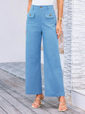 Sky blue high-waist wide-leg pants with front patch pockets and gold button accents