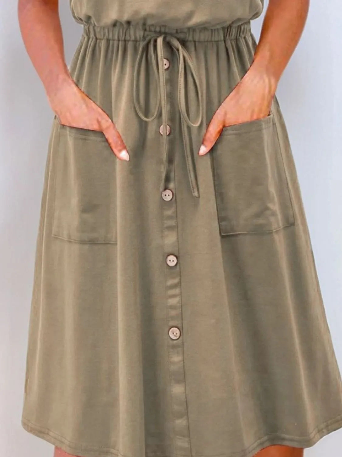 Trendsi olive green sleeveless dress with drawstring waist, front buttons and pockets