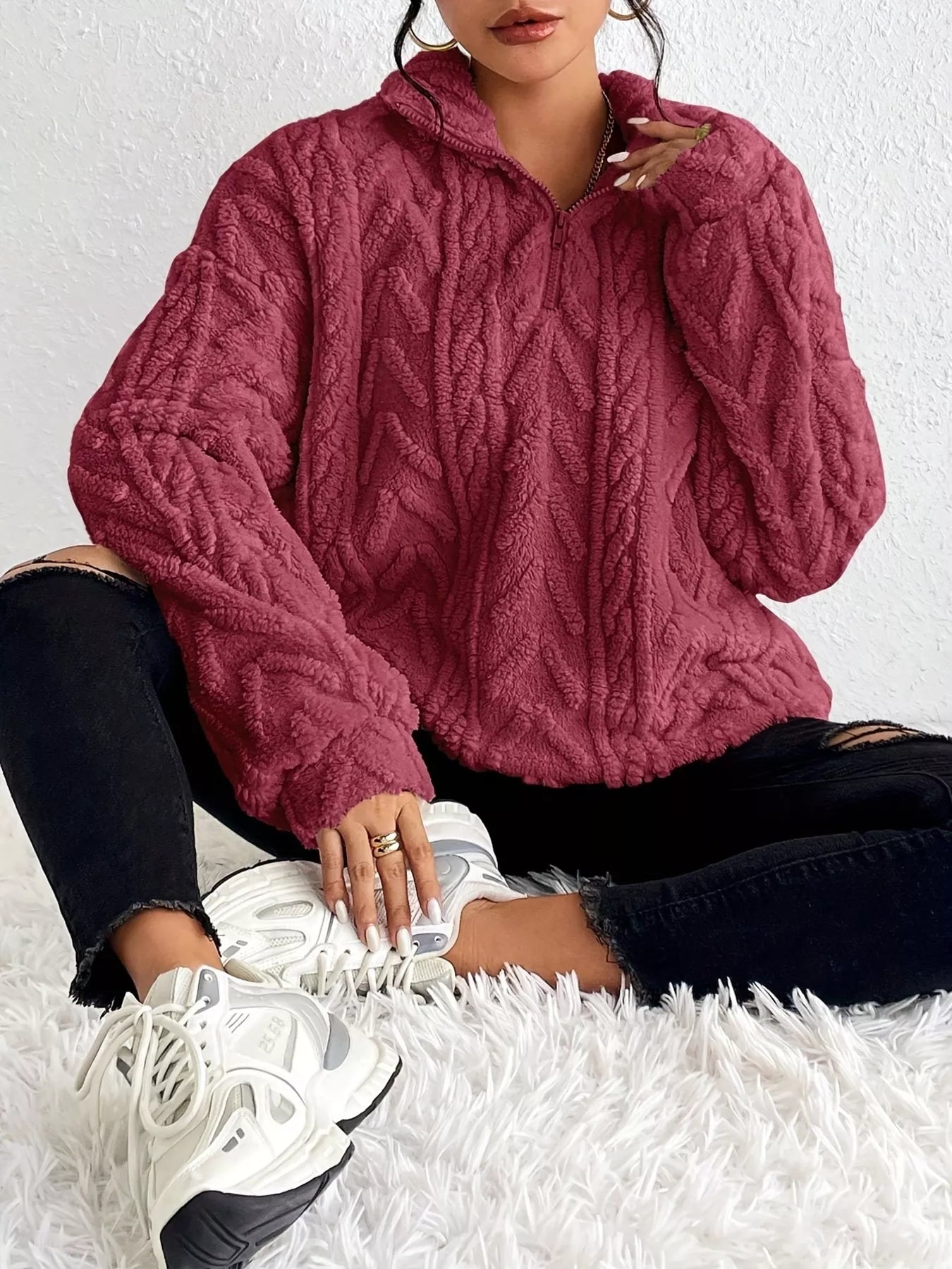 Sherpa quarter-zip sweatshirt, burgundy cable knit texture, front view