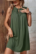 Army green sleeveless dress with gathered yoke, keyhole tie neckline, crochet detail