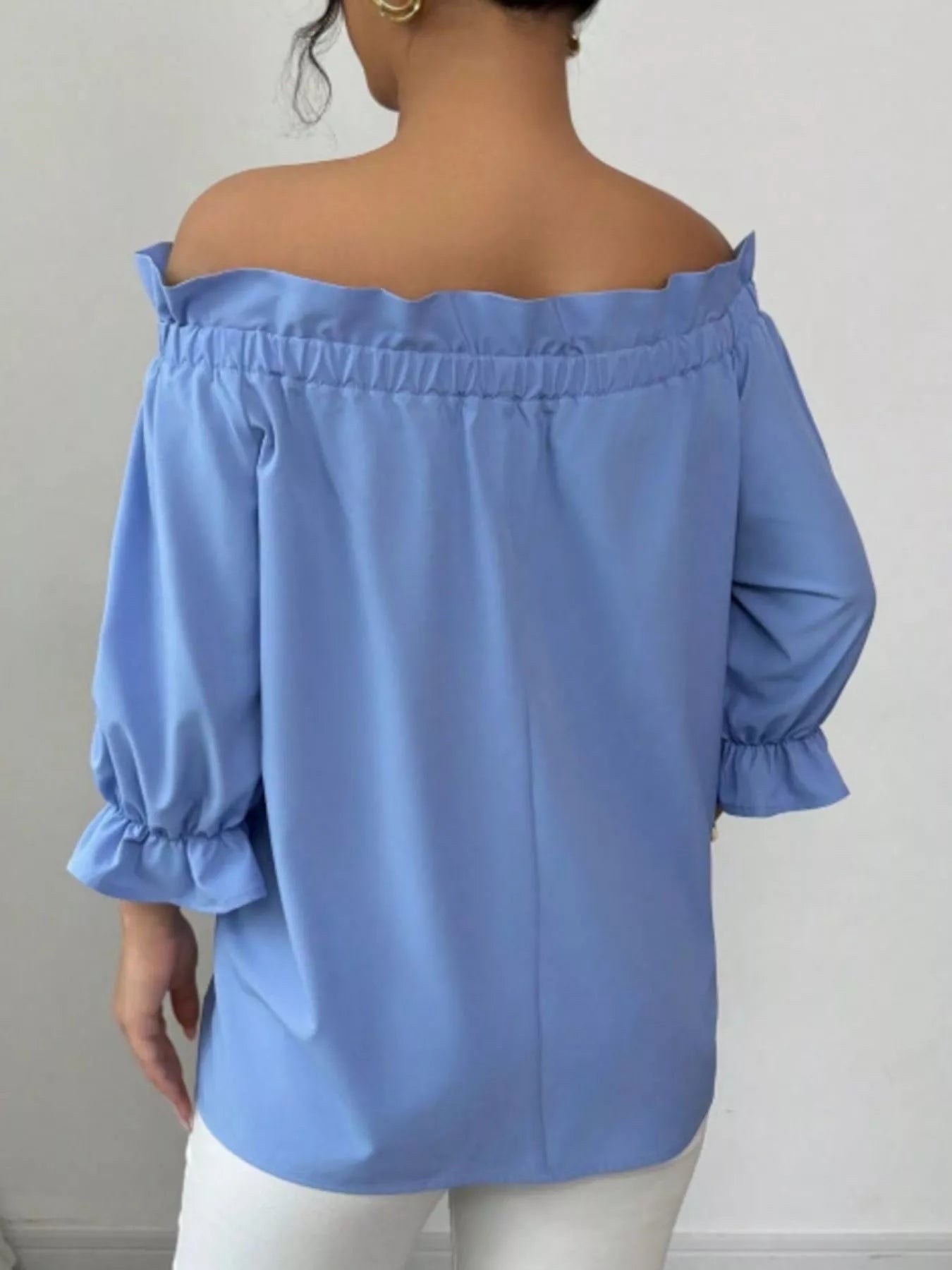 Bow Flounce Sleeve Blouse in blue, off-shoulder with ruffled neckline