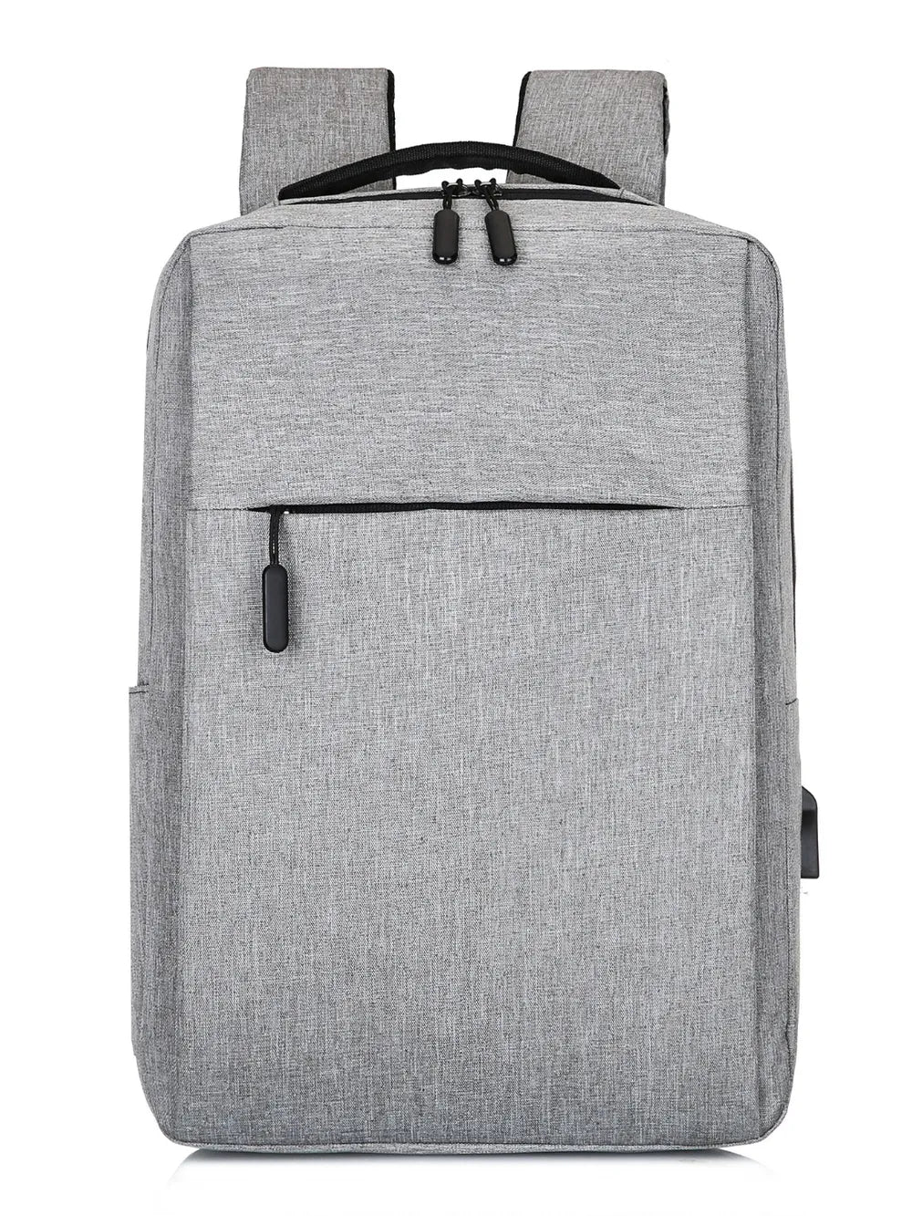 Light gray oxford backpack with top handle, dual adjustable straps, and front zip pocket.