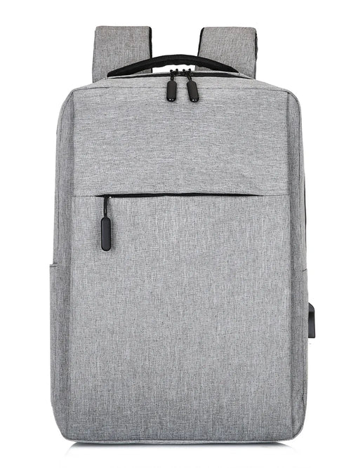 Light gray oxford backpack with top handle, dual adjustable straps, and front zip pocket.