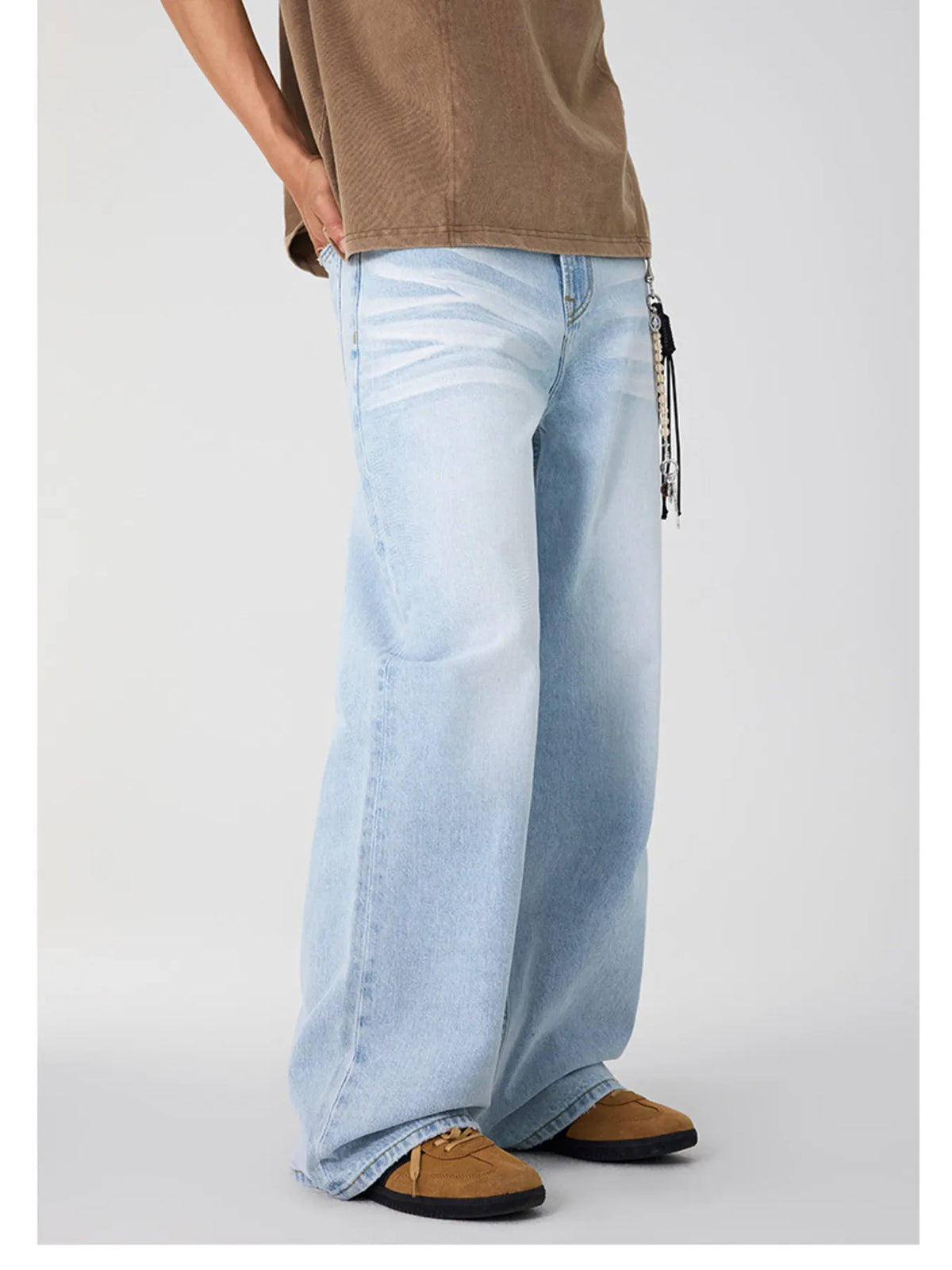 Glacier blue wide-leg stretch jeans, light wash with cuffed straight wide hems