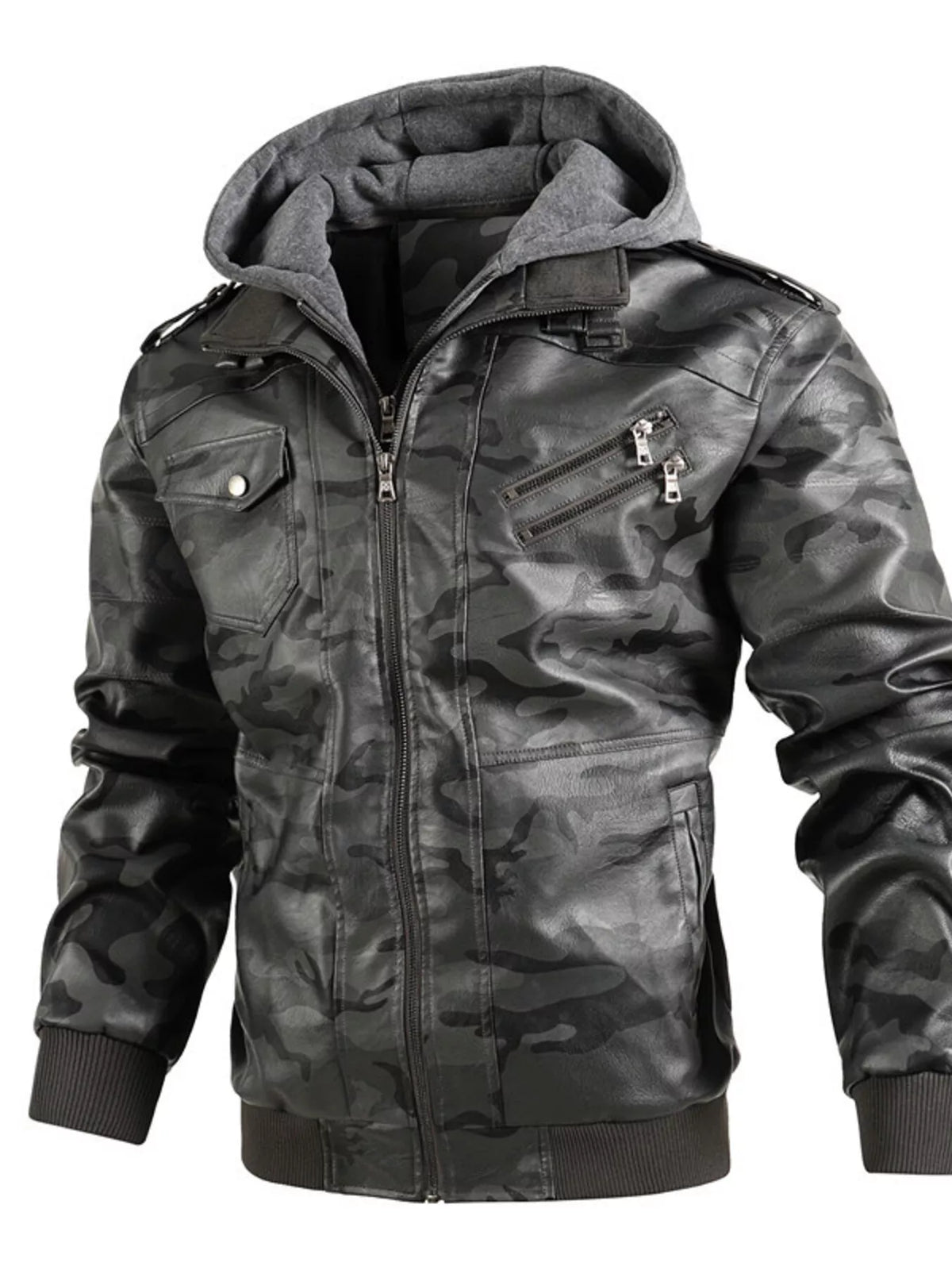 Men's hooded moto jacket in camouflage vegan leather, zip front and ribbed cuffs with hood