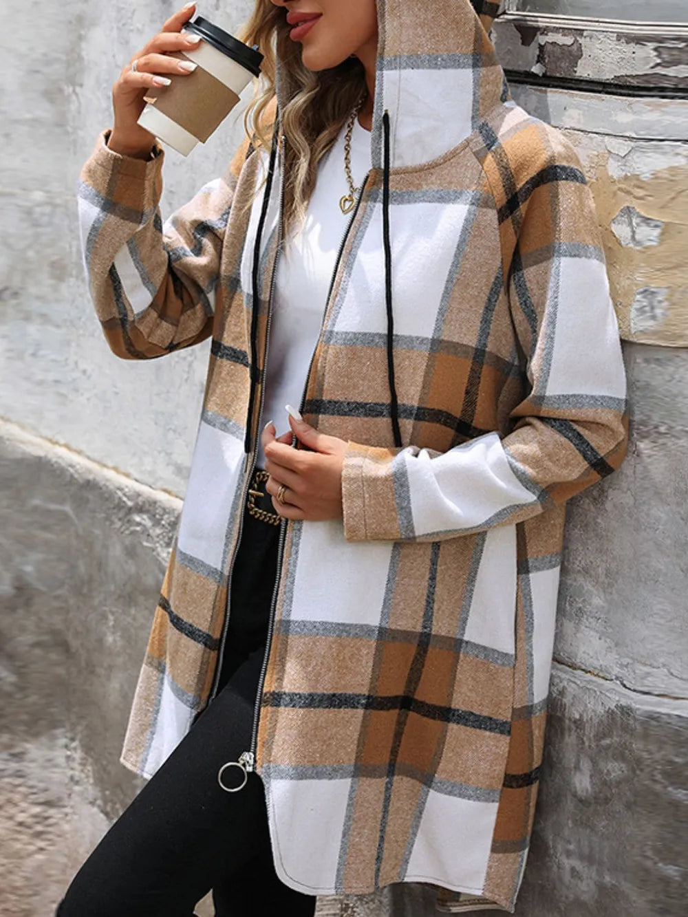 Camel plaid zip-up hooded jacket with front zipper and side pockets