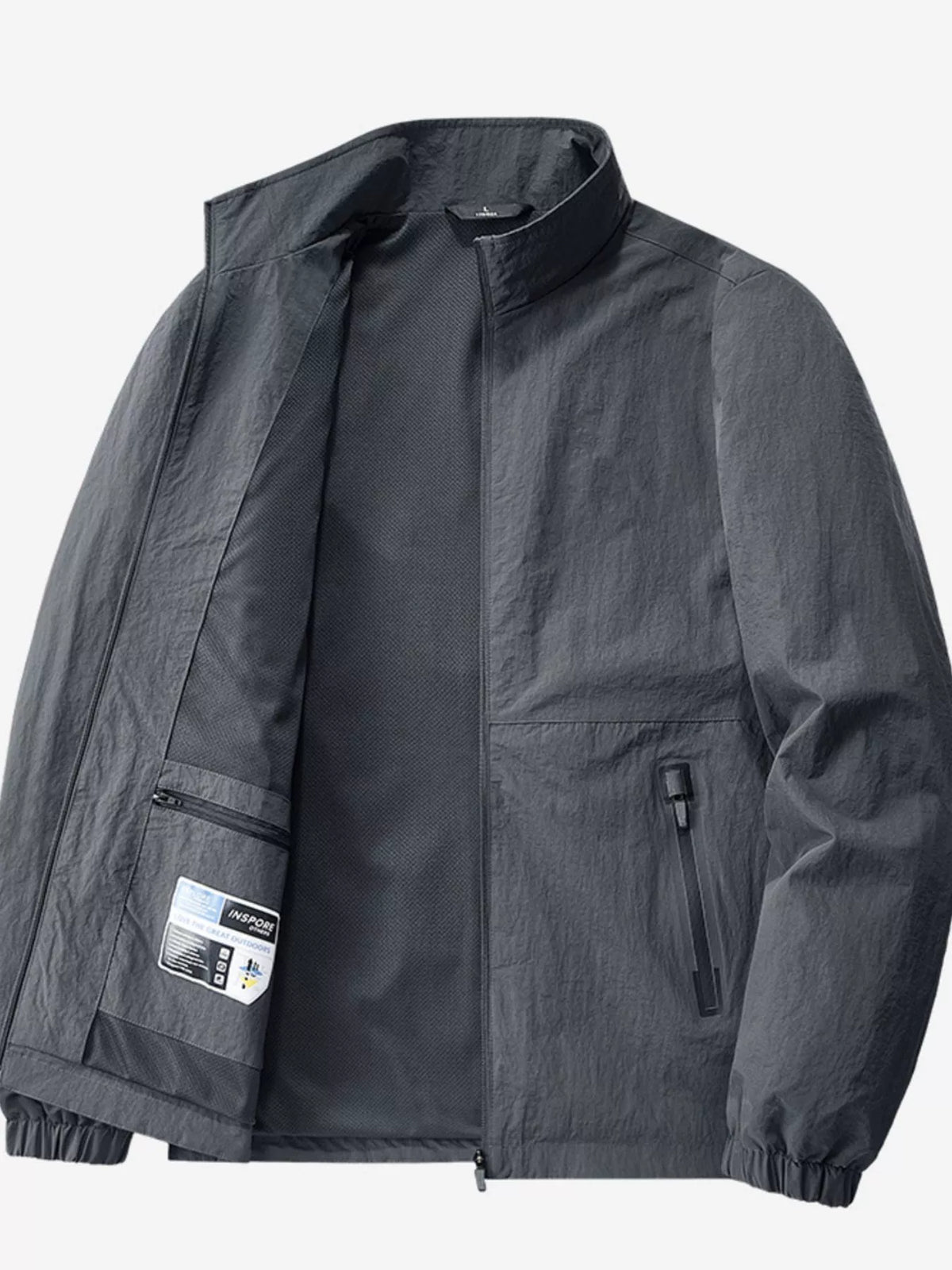 Men's zip-up jacket in black with stand collar and zip chest pocket