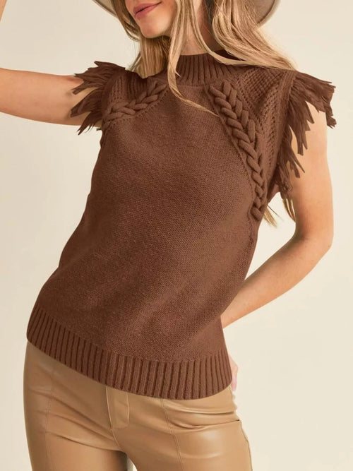 Brown sleeveless knit sweater top with braided trim and fringe shoulder detail